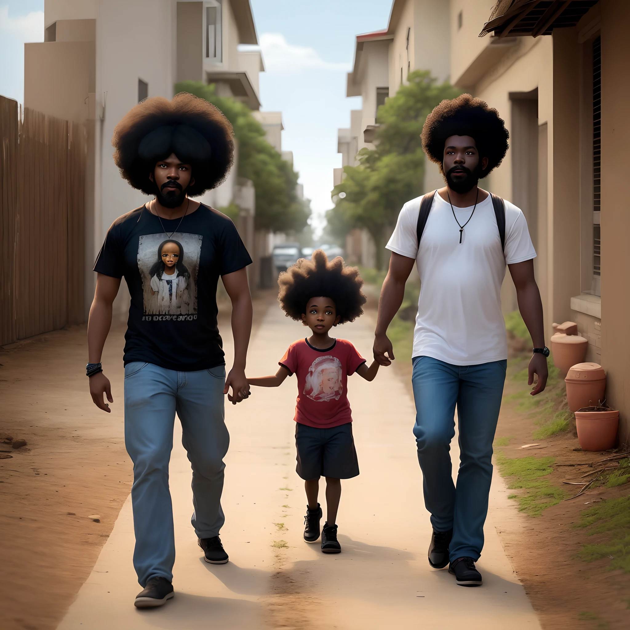 Black afro Man walking with with son, in dirty place