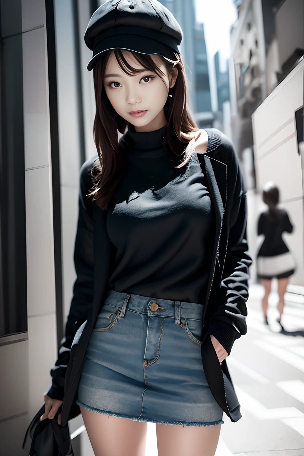 (Masterpiece: 1.1), (Best Quality, Ultra Resolution: 1.0), (8K Resolution: 1.2), (Photorealistic, Ultra Detail, Clear Focus 1:0), (Original Photo, Lighting: 1:1), BREAK detailed reflecting eyes by professional digital painting, beautiful pretty cute small face, BREAK 1girl, CASQUETTE, black Knitwear, denim skirt, Chester coat, black socks, black Loafer