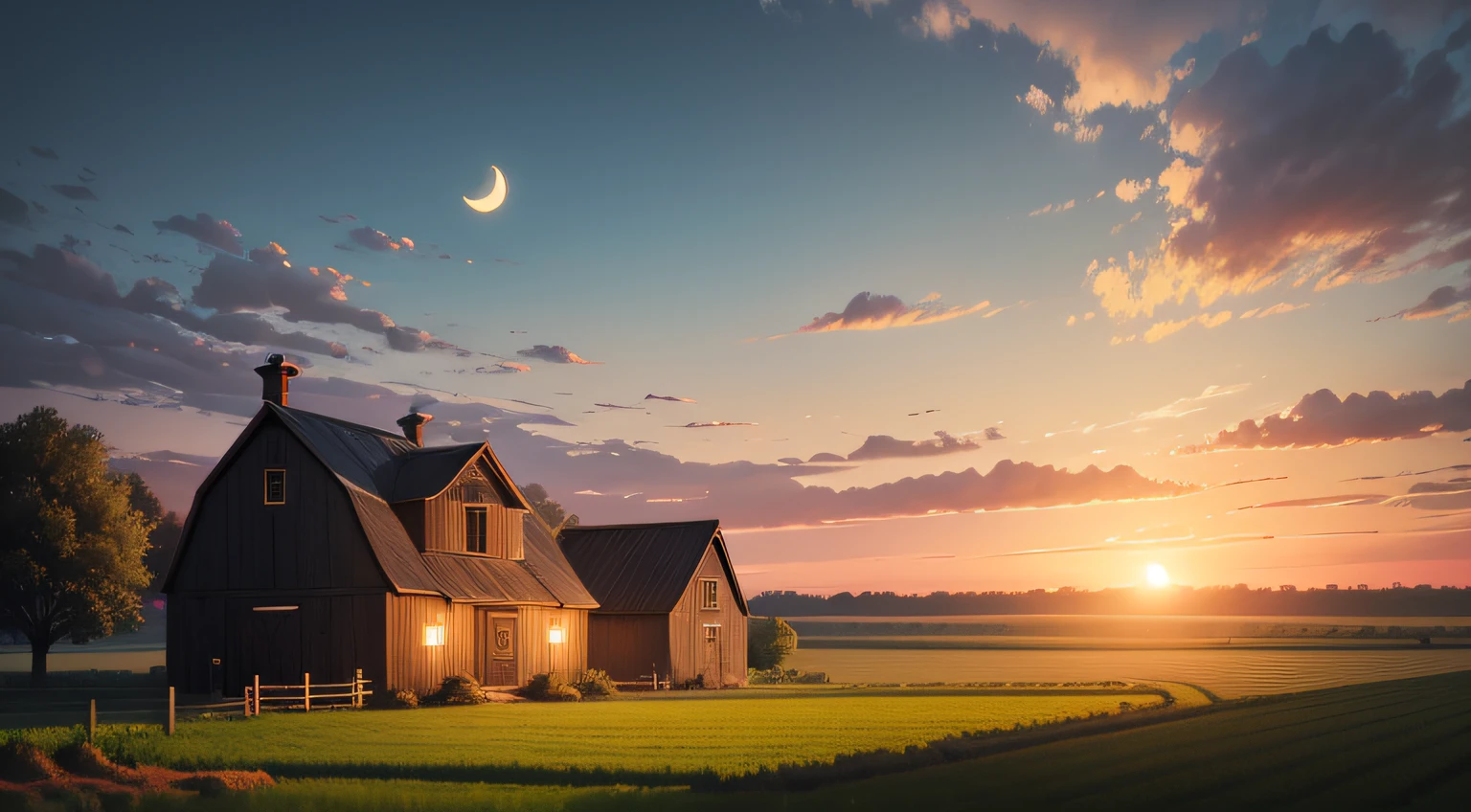 The farm restored and flourishing, the farmer serenely watching the dawn, the bloody moon disappearing over the horizon.