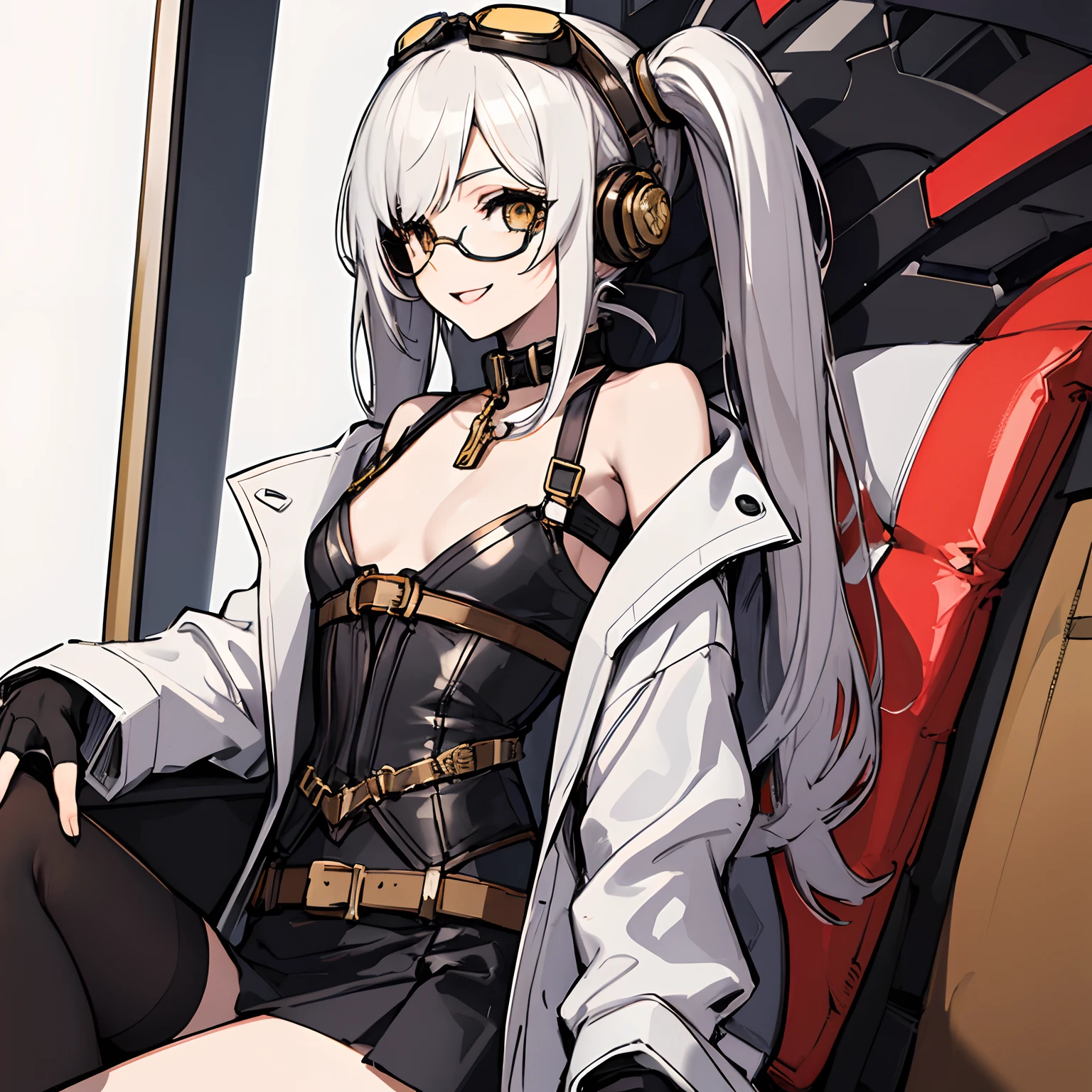(absurdres, 8k, 4k, masterpiece, hyper extreme detailed:1.2), solo, 1girl, front view, perfect face, 1girl, portrait, expressive eyes, looking at viewer, solo, standing, Female, girl with goggles and a chain around her neck, cyber goggles, victorian goggles, round goggles, goggles, cyberpunk monocle!, goggle eyes, steampunk googles, steampunk goggles, wearing victorian brass goggles, weak, female, small breasts, pale, cream colored hair, long hair, gold eyes, swept bangs, slim, slender, intelligent, genius, mad scientist, twin tails, Inventor, confident, perfect anatomy, futuristic, fingerless gloves, chest harness, pervert, egotistical, half body, lab coat, belts, crazy face, crazy eyes, crazy smile, white room background, 1girl, futuristic, sitting, couch, living room relaxing, labcoat, t-shirt, white hair, mature, adult, attractive, crossed arms, skirt