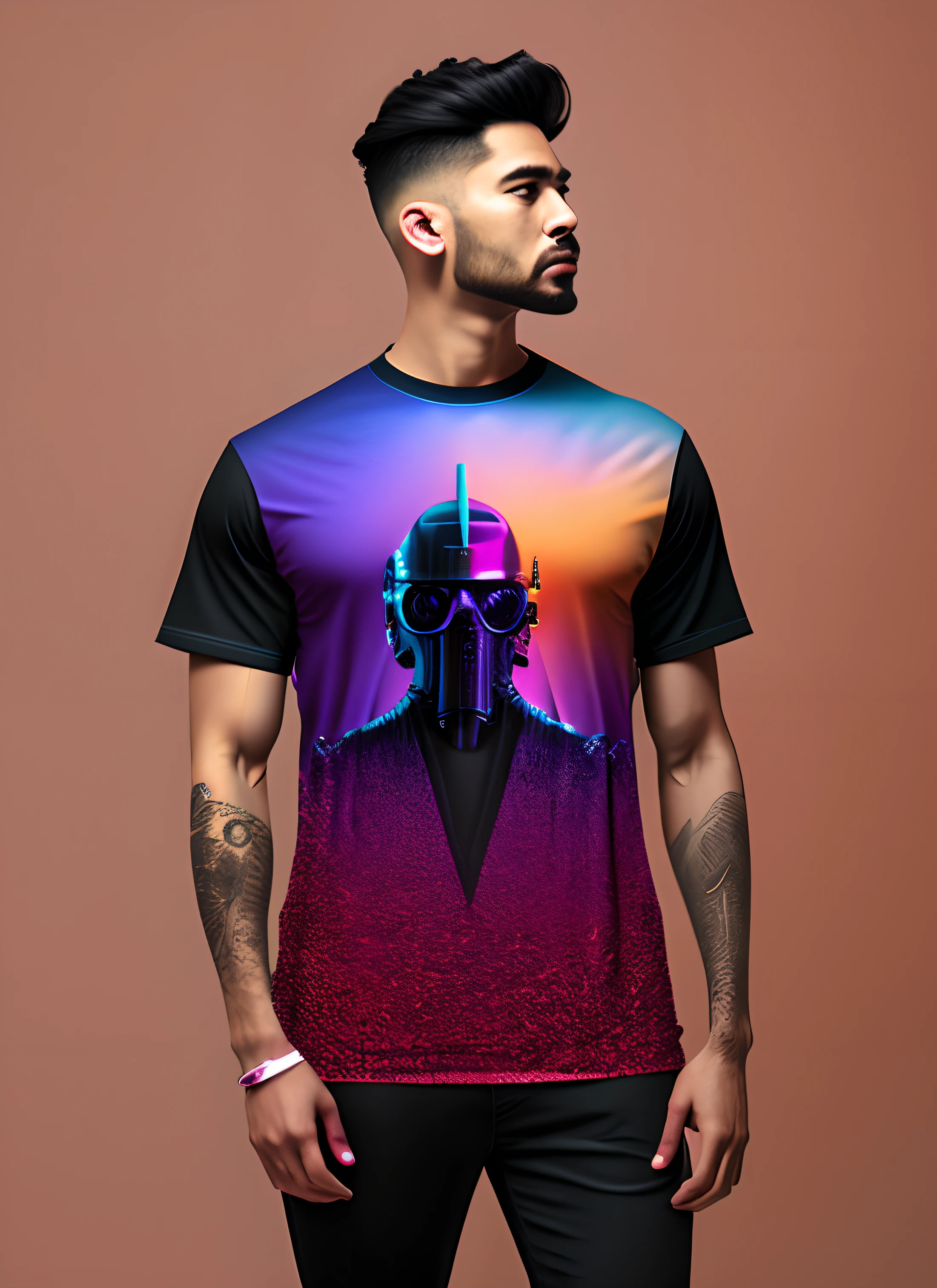 t-shirt designs BTS, 3D t-shirt art, Cyberpunk, epic illustration, realistic, 3d illustration, black background, very colorful, full gradient modern colors, Focused, front view