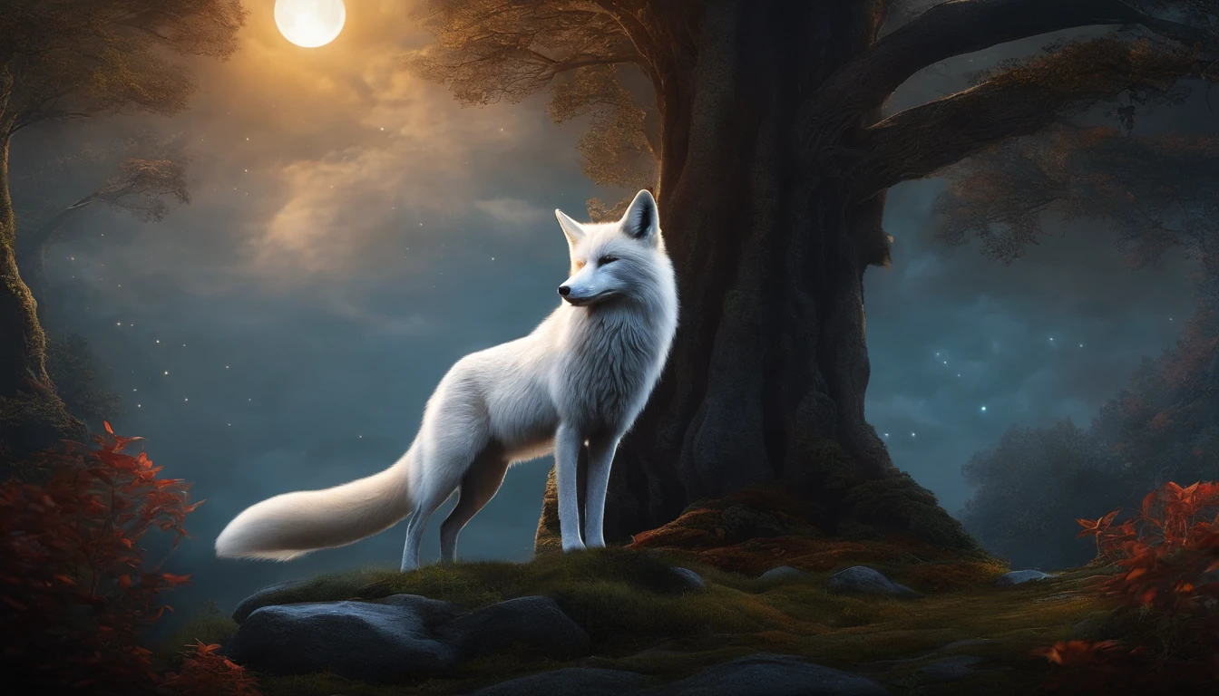 Full HD, Mythical spirit beasts, Giant fox, White flull, Look at the moon