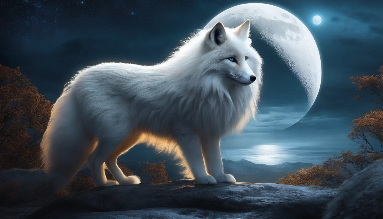 Full HD, Mythical spirit beasts, Giant fox, White flull, Look at the moon