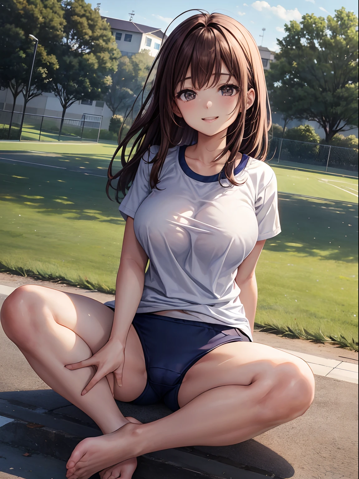 top-quality、Full limbs、complete fingers、One beautiful woman、Beautiful Large Breasts、straight haired、Longhaire、Brown hair、、White short-sleeved gym clothes with navy blue cuffs、Dark blue bloomers、Raw feet、A big smile、Schools、school buildings、sports ground、school ground、sitting on ground、Open crotch