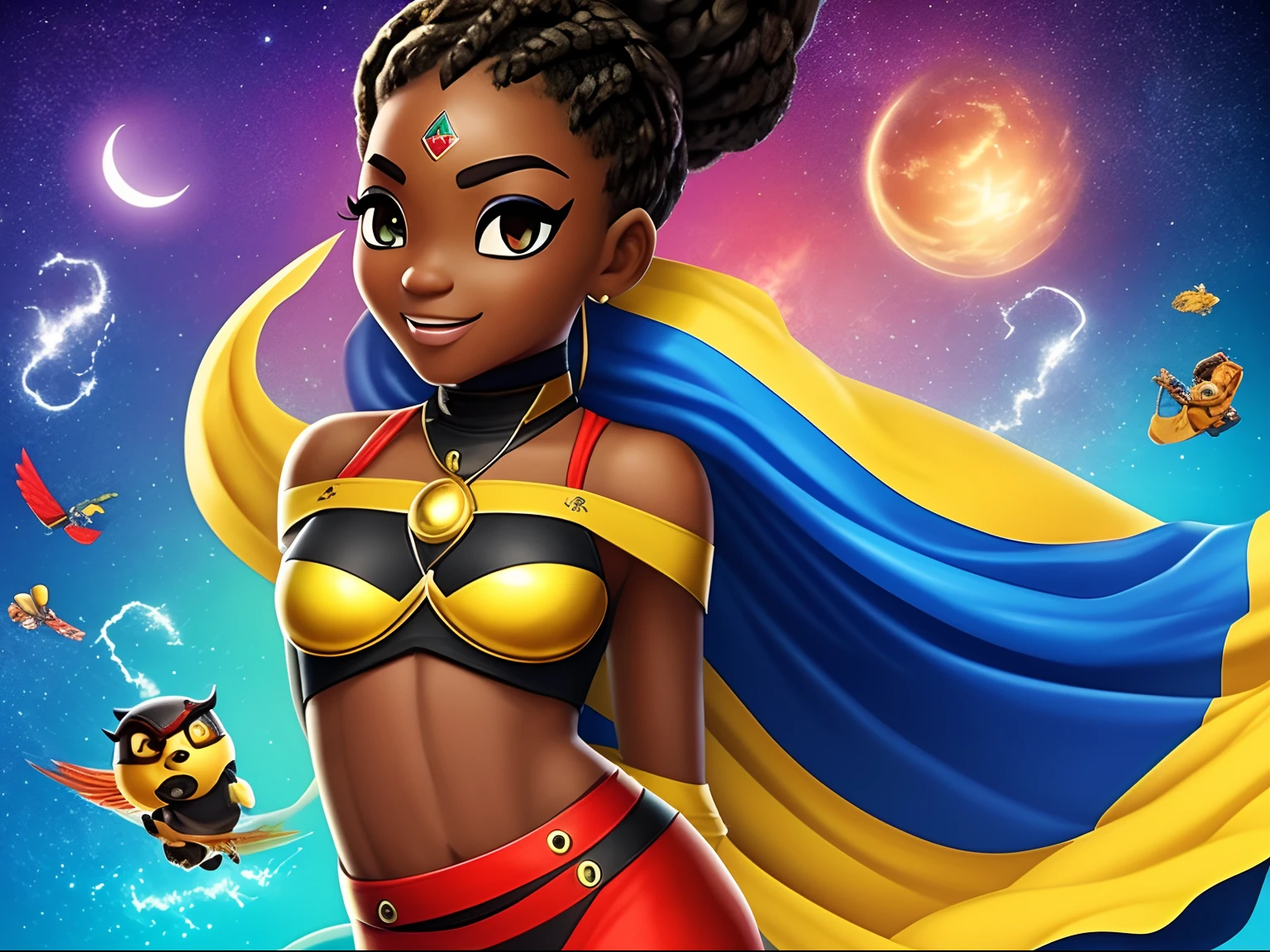 Crie uma imagem de um ninja negrode ,corpo inteiro uma personagem marrons, diffetent angles, no estilo Miraculous Ladybug, ficha de personagem, fundo branco --ar 3:2, poses de personagem , Depois de um apocalipse no futuro, afro cabelo caindo para frente, Rasta type but braided, corpo inteiro, vestindo um traje indiano ribulo africano corpo inteiro, A realistic 4K phoenix with blue feathers, dourado, cosmico , with an expression The route follows the nuclei of the flag of Cape Verde. The top is deep blue, simbolizando o oceano que cerca as ilhas. The chest and the central part are white, representando a paz e a unidade do povo cabo-verdiano. The sleeves and legs are red, denoting determination and spirit, do 10 Estrelas Douradas, : Ten gold stars are prominently displayed at the top of the costume, ao longo do peito e ombros,representando as 10 principais ilhas de Cabo Verde. Cada estrela, It is carefully detailed and shines brightly against the background of the Star Belt