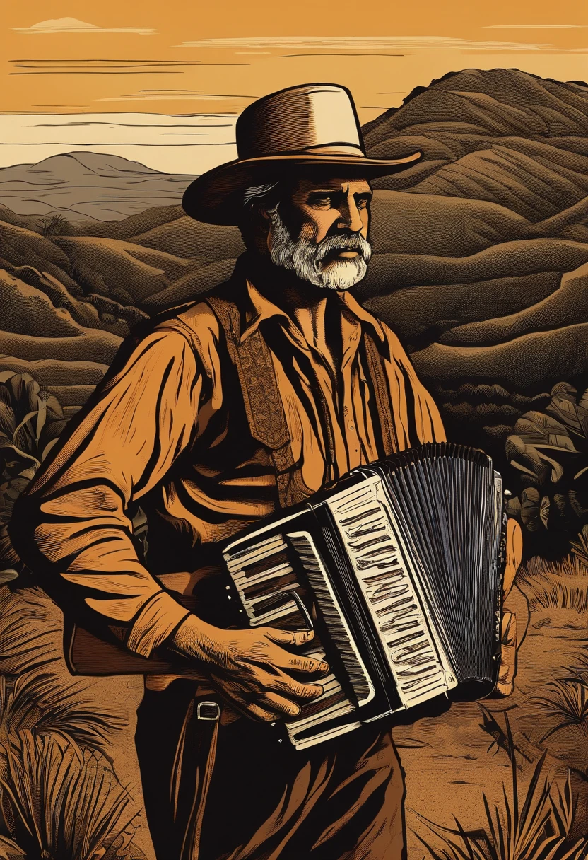 An accordion player woodcut illustration style of Brazilian cordel literature pamphlets, long shot, outback backcountry of Brazil