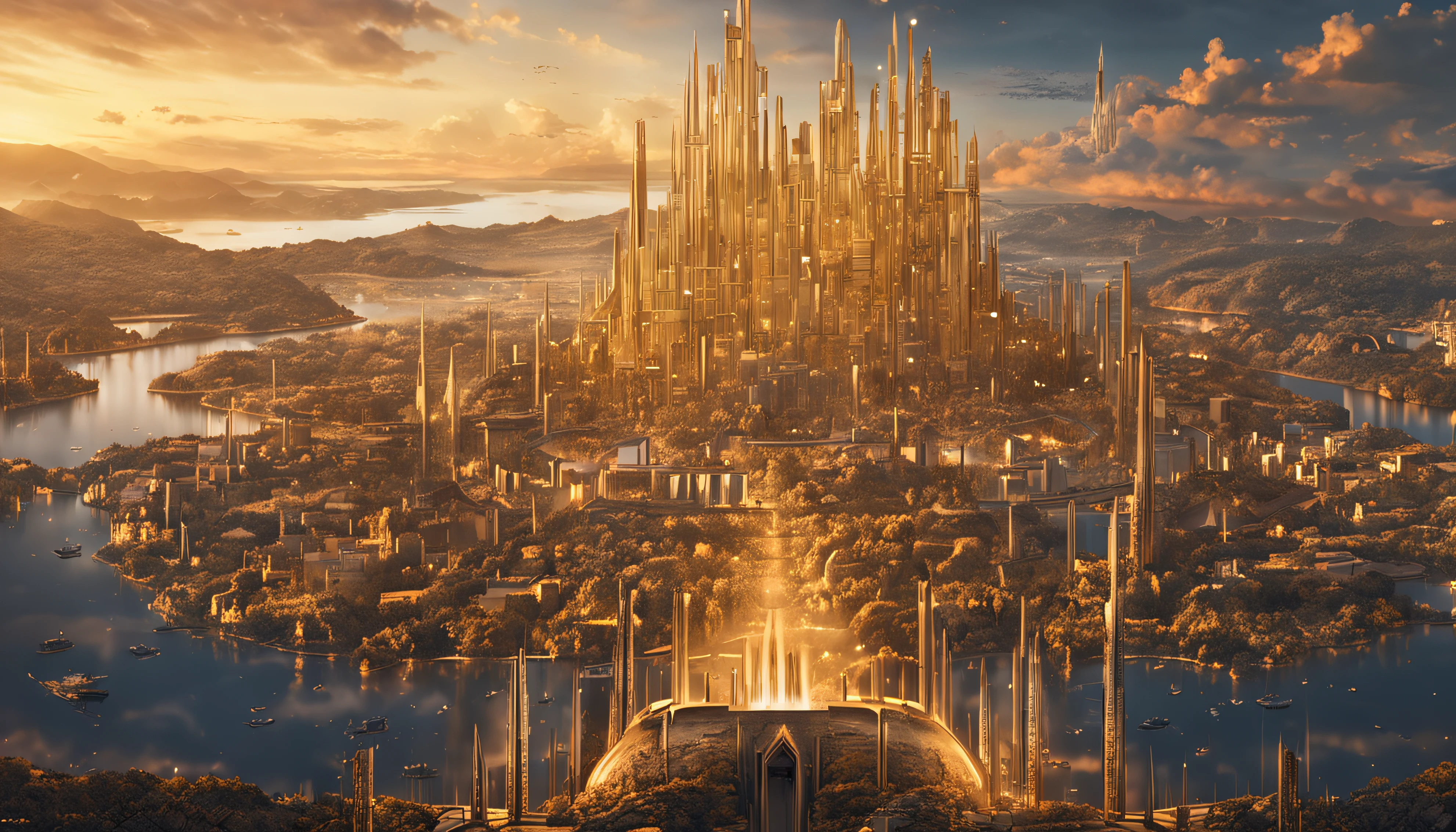 pintura de uma cidade com um castelo cercado por anjos voando ao redor, Cidade Empiriana, reino divino dos deuses, utopian city, gold gates of heaven!!!!!!!!, esoteric equation heaven, heaven on earth, breathtaking art, breath-taking, floating city in the sky, Cidade Apocalyptik, Cidade nas Nuvens, Pintura escura elaborada