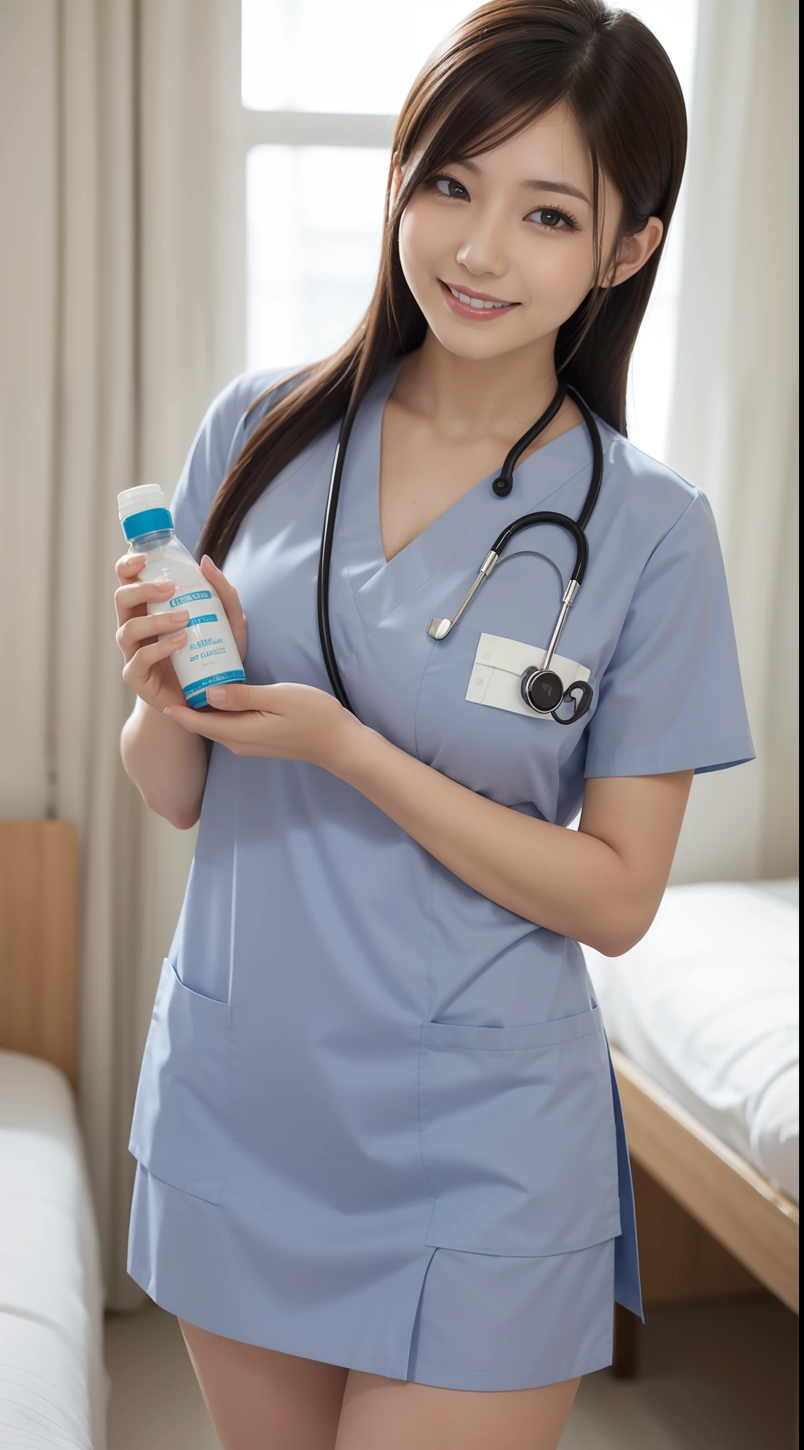 Beautiful female nurse with medium breasts and very tight and short nurse uniform, Holding a medicine bottle, A dark-haired, tonned skin, Hospital room, a smile、A sexy、