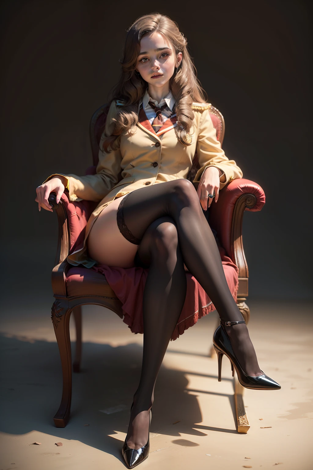 Hermione Granger, long hair, detailed face, short uniform outfit with high heels, sheer black thigh high stockings, perfect fit legs, crossed legs