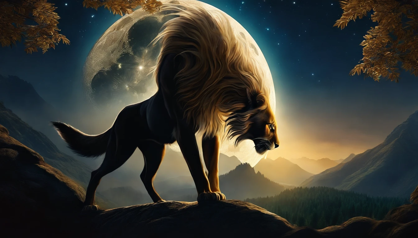 (best quality,Full HD),Mythical spirit beasts,large size,shining gigantic body,powerful presence,deep golden eyes,sharp fangs,long, flowing tails,detailed fur,elaborate patterns,superbly realistic features,ethereal glow,vibrant colors,forests in the background,majestic mountains,peaceful moonlight,calm serene atmosphere,luminous moonbeam,soft, mystical glow,gentle breeze,leaves rustling,night sky filled with stars