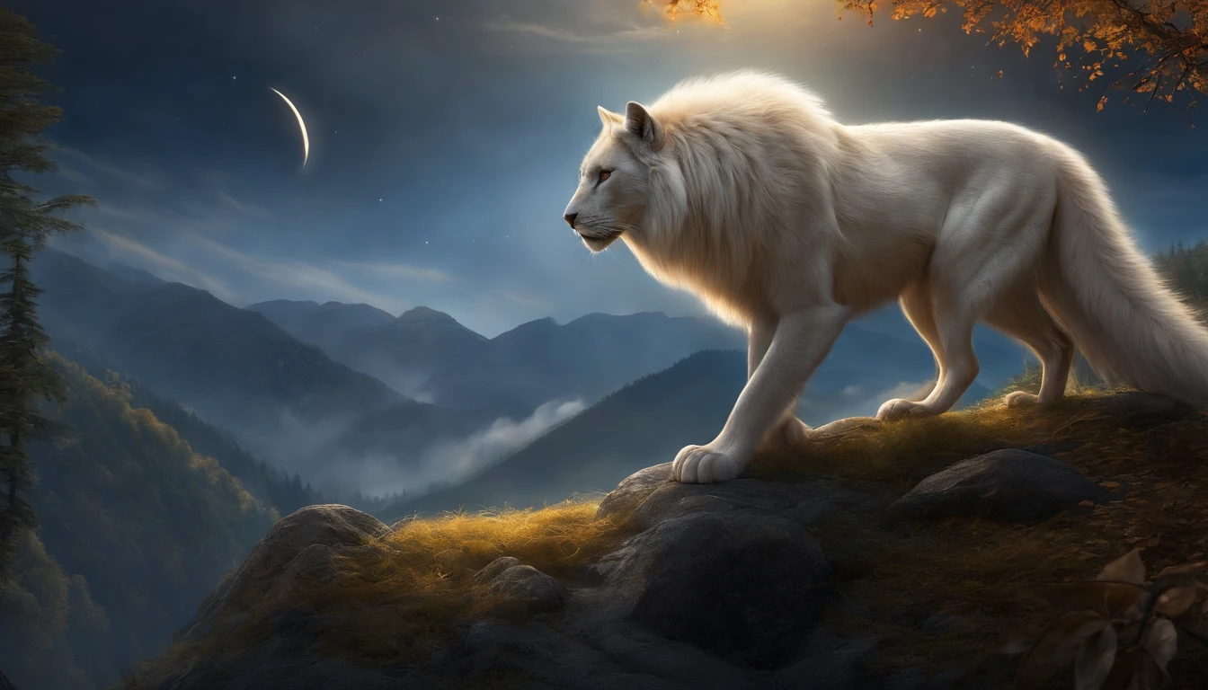 (best quality,Full HD),Mythical spirit beasts,large size,shining gigantic body,powerful presence,deep golden eyes,sharp fangs,long, flowing tails,detailed fur,elaborate patterns,superbly realistic features,ethereal glow,vibrant colors,forests in the background,majestic mountains,peaceful moonlight,calm serene atmosphere,luminous moonbeam,soft, mystical glow,gentle breeze,leaves rustling,night sky filled with stars