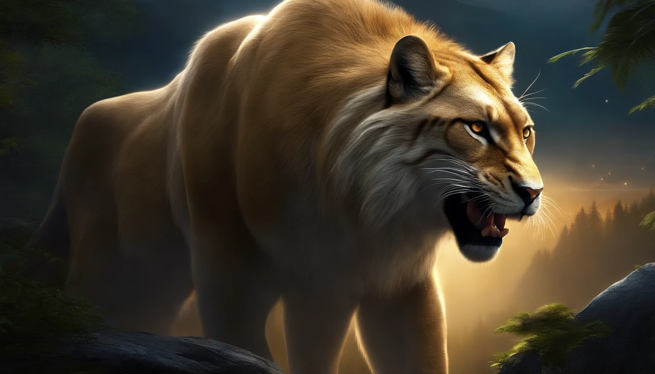 (best quality,Full HD),Mythical spirit beasts,large size,shining gigantic body,powerful presence,deep golden eyes,sharp fangs,long, flowing tails,detailed fur,elaborate patterns,superbly realistic features,ethereal glow,vibrant colors,forests in the background,majestic mountains,peaceful moonlight,calm serene atmosphere,luminous moonbeam,soft, mystical glow,gentle breeze,leaves rustling,night sky filled with stars