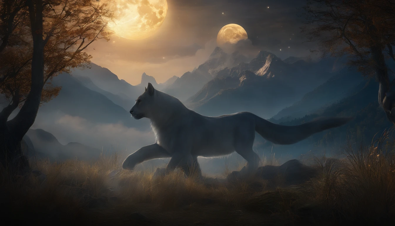 (best quality,Full HD),Mythical spirit beasts,large size,shining gigantic body,powerful presence,deep golden eyes,sharp fangs,long, flowing tails,detailed fur,elaborate patterns,superbly realistic features,ethereal glow,vibrant colors,forests in the background,majestic mountains,peaceful moonlight,calm serene atmosphere,luminous moonbeam,soft, mystical glow,gentle breeze,leaves rustling,night sky filled with stars