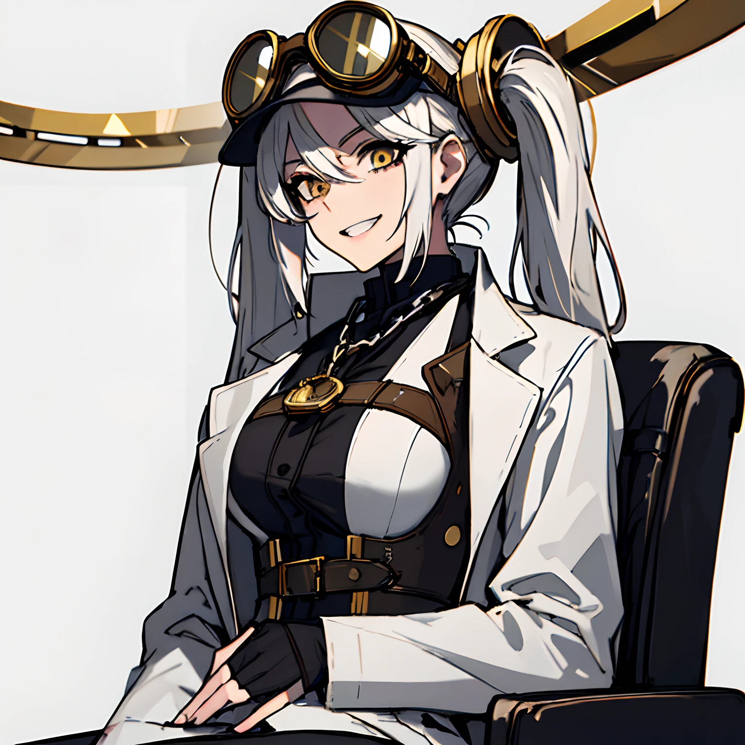 (absurdres, 8k, 4k, masterpiece, hyper extreme detailed:1.2), solo, 1girl, front view, perfect face, 1girl, portrait, expressive eyes, looking at viewer, solo, standing, Female, girl with goggles and a chain around her neck, cyber goggles, victorian goggles, round goggles, goggles, cyberpunk monocle!, goggle eyes, steampunk googles, steampunk goggles, wearing victorian brass goggles, weak, female, small breasts, pale, cream colored hair, long hair, gold eyes, swept bangs, slim, slender, intelligent, genius, mad scientist, twin tails, Inventor, confident, perfect anatomy, futuristic, fingerless gloves, chest harness, pervert, egotistical, half body, lab coat, belts, crazy face, crazy eyes, crazy smile, white room background, 1girl, futuristic, sitting, couch, living room relaxing, labcoat, t-shirt, white hair, mature, adult, attractive, crossed arms, skirt