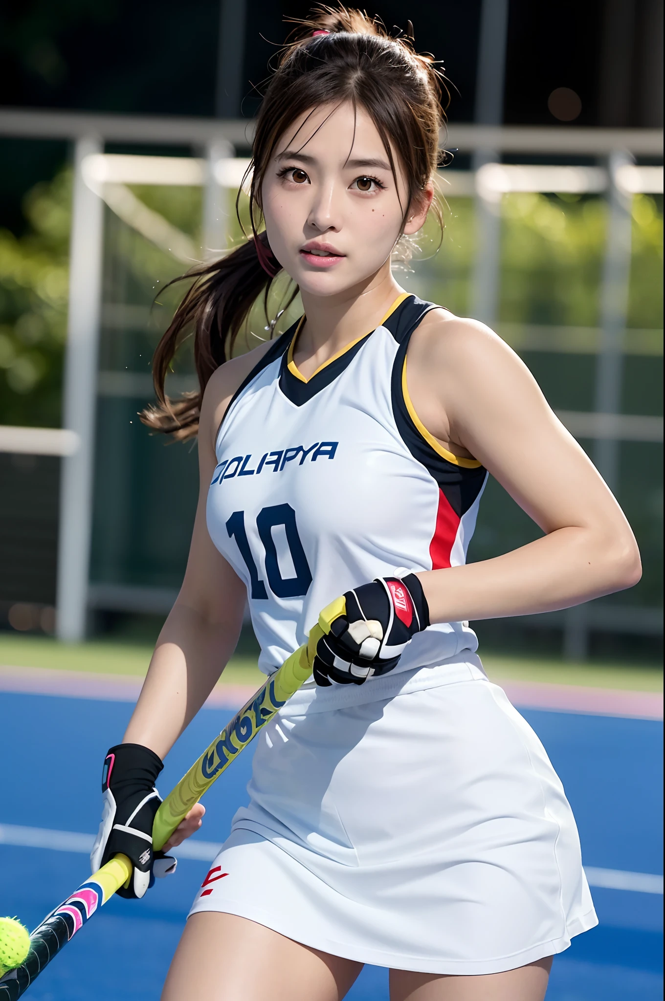 ((photorealistic)), (realistic), best quality, masterpiece, ultra high definition, ray tracing, (one japanese female field hockey player), huge breasts, professional lighting, high definition cute face, high definition fingers, high definition eyes, high definition teeth, colorful uniform, hockey field, long shot