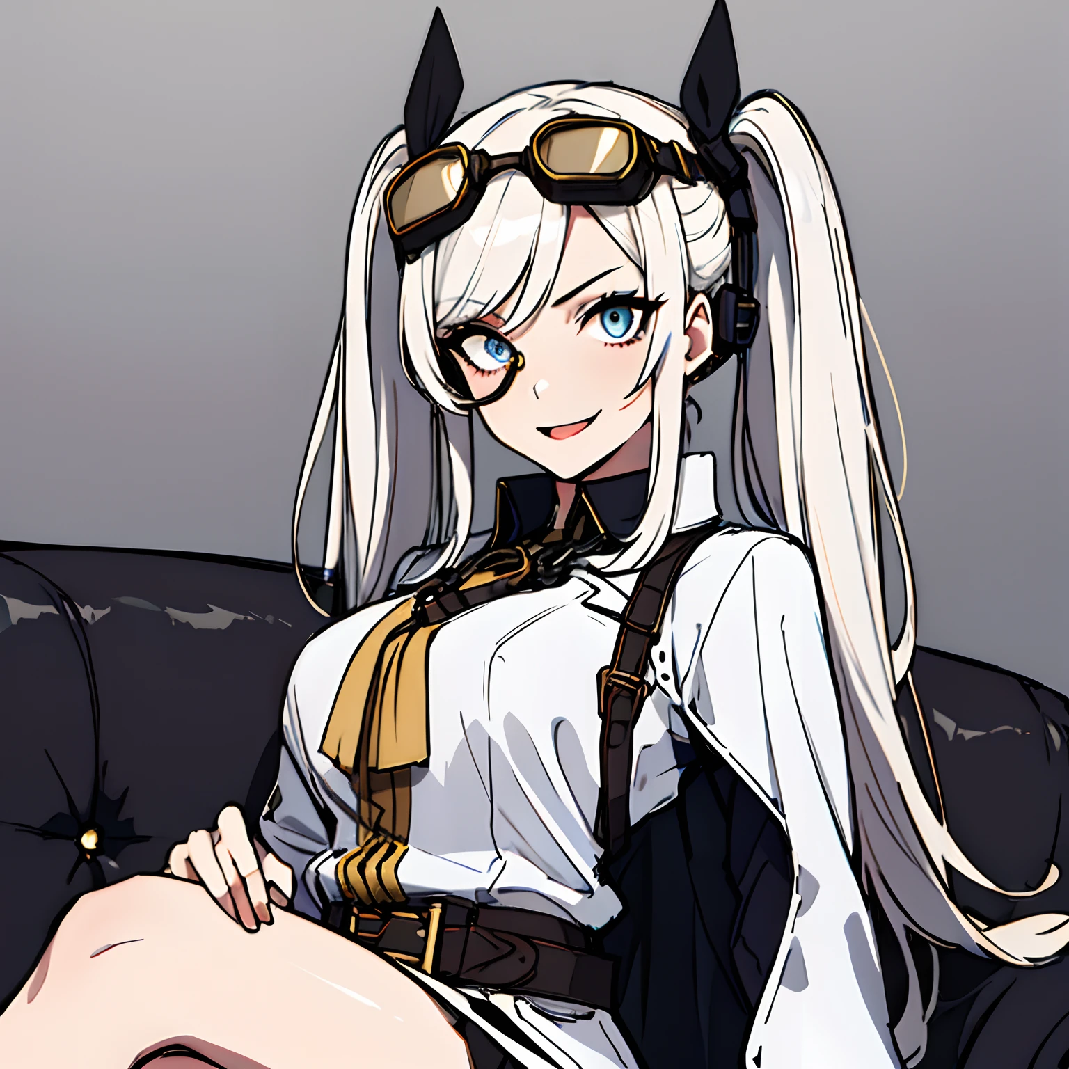(absurdres, 8k, 4k, masterpiece, hyper extreme detailed:1.2), solo, 1girl, front view, perfect face, 1girl, portrait, expressive eyes, looking at viewer, solo, standing, Female, girl with goggles and a chain around her neck, cyber goggles, victorian goggles, round goggles, goggles, cyberpunk monocle!, goggle eyes, steampunk googles, steampunk goggles, wearing victorian brass goggles, weak, female, small breasts, pale, cream colored hair, long hair, gold eyes, swept bangs, slim, slender, intelligent, genius, mad scientist, twin tails, Inventor, confident, perfect anatomy, futuristic, fingerless gloves, chest harness, pervert, egotistical, half body, lab coat, belts, crazy face, crazy eyes, crazy smile, white room background, 1girl, futuristic, sitting, couch, living room relaxing, labcoat, t-shirt, white hair, mature, adult, attractive, crossed arms, skirt