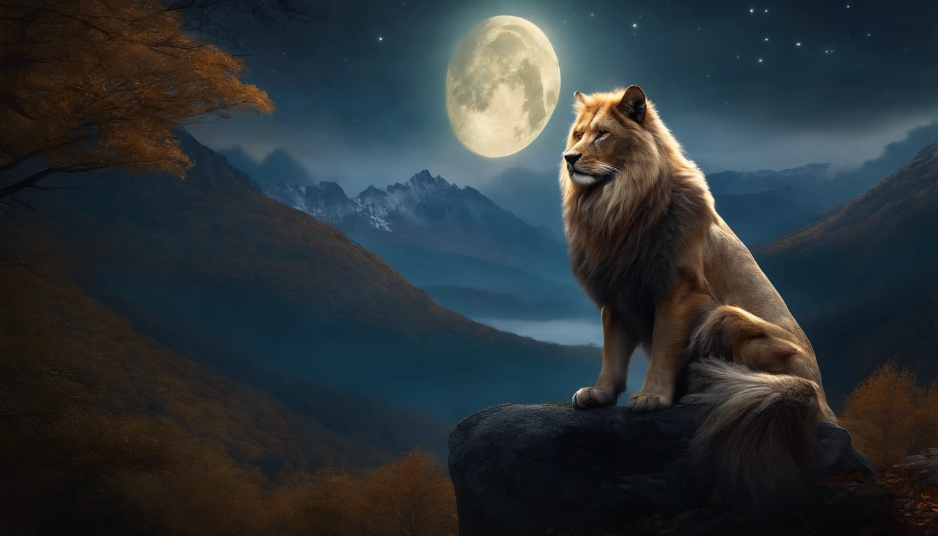 (best quality,Full HD),Mythical spirit beasts,large size,shining gigantic body,powerful presence,deep golden eyes,sharp fangs,long, flowing tails,detailed fur,elaborate patterns,superbly realistic features,ethereal glow,vibrant colors,forests in the background,majestic mountains,peaceful moonlight,calm serene atmosphere,luminous moonbeam,soft, mystical glow,gentle breeze,leaves rustling,night sky filled with stars