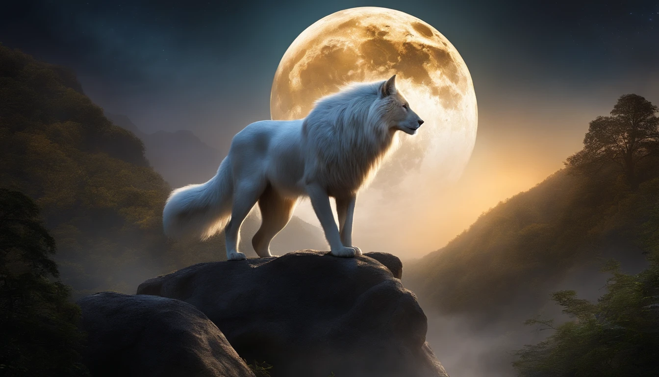 (best quality,Full HD),Mythical spirit beasts,large size,shining gigantic body,powerful presence,deep golden eyes,sharp fangs,long, flowing tails,detailed fur,elaborate patterns,superbly realistic features,ethereal glow,vibrant colors,forests in the background,majestic mountains,peaceful moonlight,calm serene atmosphere,luminous moonbeam,soft, mystical glow,gentle breeze,leaves rustling,night sky filled with stars