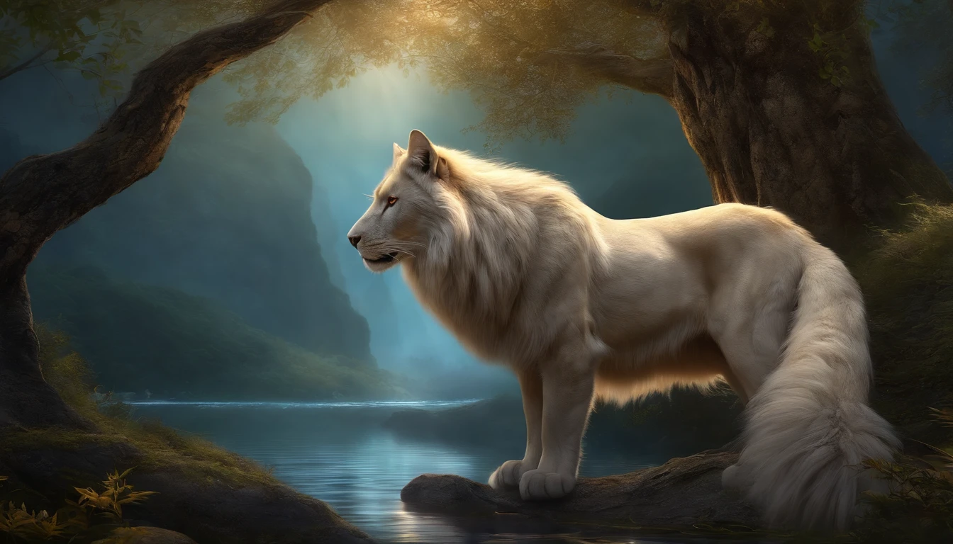 (best quality,Full HD),Mythical spirit beasts,large size,shining gigantic body,powerful presence,deep golden eyes,sharp fangs,long, flowing tails,detailed fur,elaborate patterns,superbly realistic features,ethereal glow,vibrant colors,forests in the background,majestic mountains,peaceful moonlight,calm serene atmosphere,luminous moonbeam,soft, mystical glow,gentle breeze,leaves rustling,night sky filled with stars