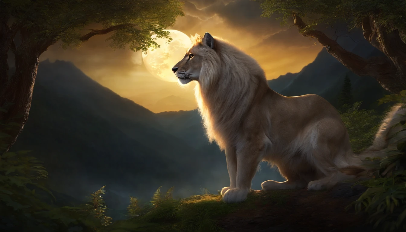 (best quality,Full HD),Mythical spirit beasts,large size,shining gigantic body,powerful presence,deep golden eyes,sharp fangs,long, flowing tails,detailed fur,elaborate patterns,superbly realistic features,ethereal glow,vibrant colors,forests in the background,majestic mountains,peaceful moonlight,calm serene atmosphere,luminous moonbeam,soft, mystical glow,gentle breeze,leaves rustling,night sky filled with stars