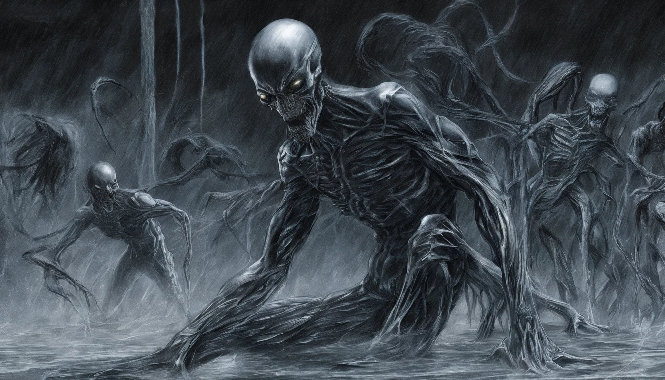 Photographic stills of aliens, Translucent skin,,Veins shown under the skin, Dark, onimous，venom,symbiote,human pov,human on humanoid,male/male,,balls,erection,sex,black body,goo creature,dripping,sweat,wet,open mouth,sharp teeth,long tongue,muscular male,large pecs,by oouna,by dagasi,abs,city,pink ,Negative prompt: white markings, boring_e621, easynegative, badart, simple background, blue body