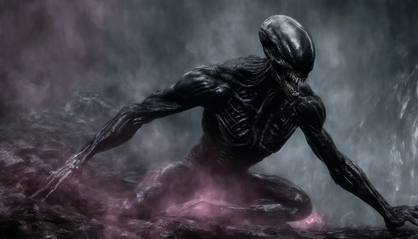 Photographic stills of aliens, Translucent skin,,Veins shown under the skin, Dark, onimous,venom,symbiote,human pov,human on humanoid,male/male,,balls,erection,sex,black body,goo creature,dripping,sweat,wet,open mouth,sharp teeth,long tongue,muscular male,large pecs,by oouna,by dagasi,abs,city,pink ,Negative prompt: white markings, boring_e621, easynegative, badart, simple background, blue body