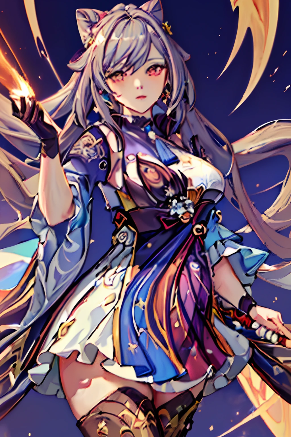 (best quality,masterpiece:1.2,high-res,ultra-detailed,realistic:1.37), An artwork of Keqing from Genshin Impact with emphasis on her chest, pregnant with a large belly, depicting her as obese with a large bosom and thick thighs.