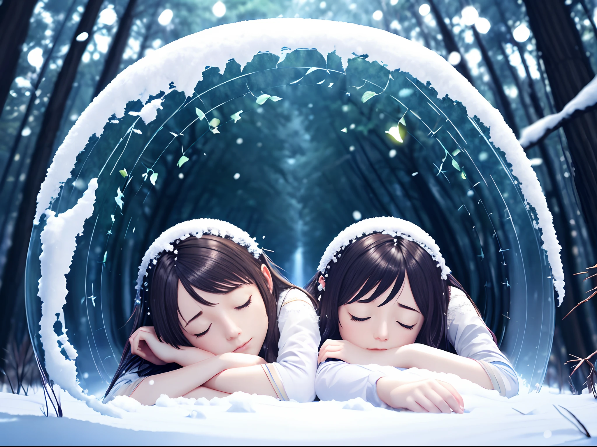 female students falling asleep in the forest, sharp focus, 8k, perfect composition, trending on art station, award-winning photograph, cinematic smooth, intricate detail, highly detailed, from below, splash, fractal art, god ray, rainbow, snow,