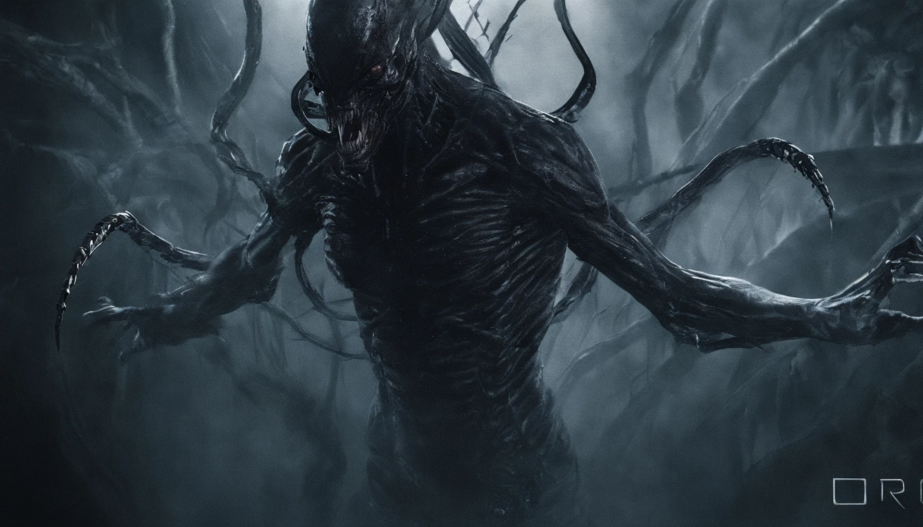 The spirit of a terrifying mutant xenomorphic monster takes the form of a bioluminescent ghost, as seen in an incredibly realistic and hauntingly beautiful illustration. The image shows a full body, and the ghostly figure appears 50% transparent. The artist's attention to detail is evident in the intricate features, such as the elongated limbs and ethereal tendrils that emanate from the ghost's form. The photorealistic rendering brings the creature to life, allowing viewers to marvel at the intricate texture and depth captured in the image. The overall effect is both chilling and captivating, drawing viewers into the disturbing world of this otherworldly being.