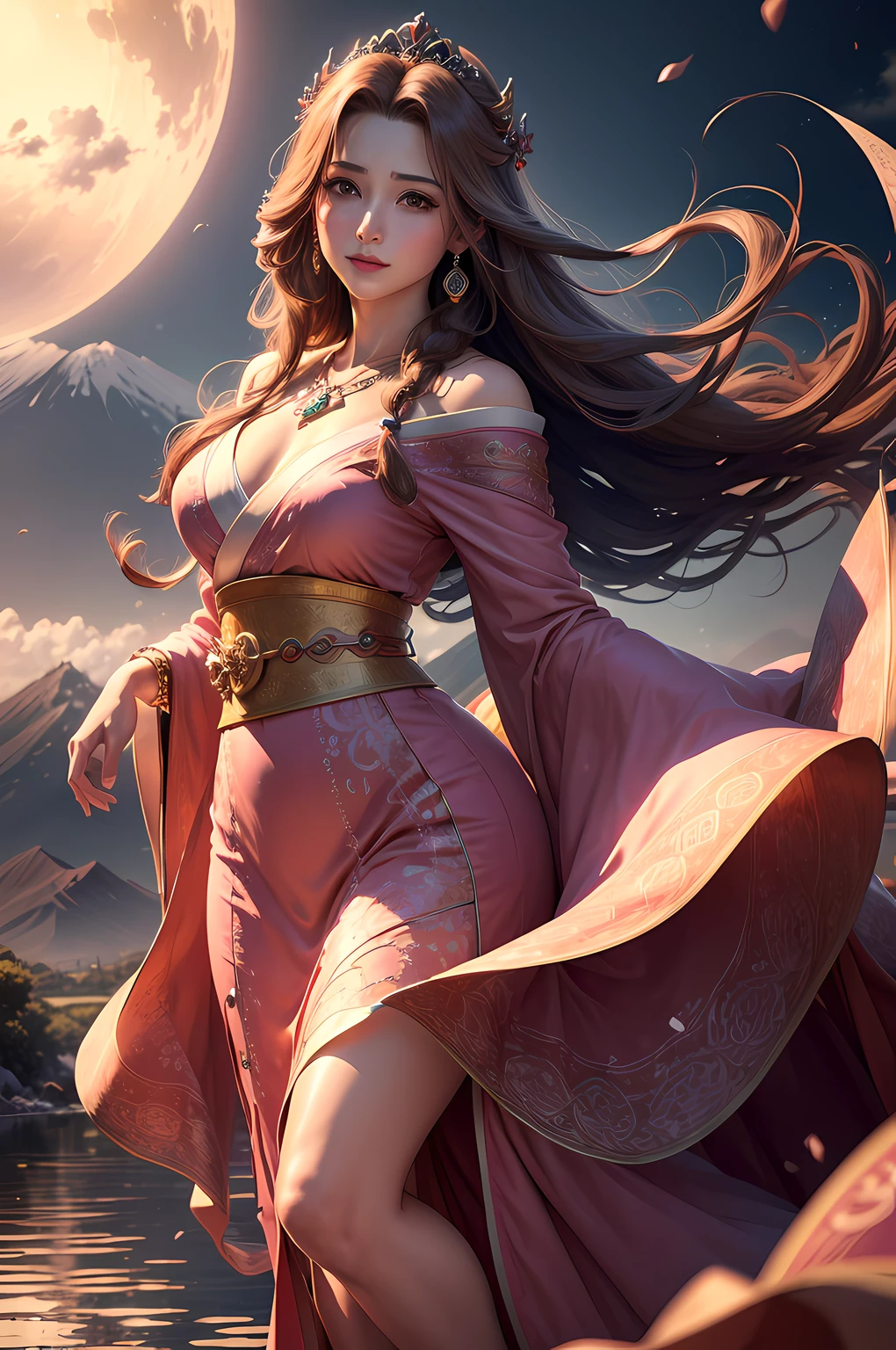 (highres, ultra-detailed, realistic:1.37), aerith, final fantasy, beautiful body, beautiful detailed eyes, detail-oriented nose, luscious red lips, long flowing hair, radiant smile, elegant crown, royal attire, intricate jewelry, graceful pose, enchanting expression, mount fuji in the background, vibrant colors, soft lighting, regal atmosphere, atmospheric perspective, stunning landscape, floating clouds, magical aura, timeless beauty, intricate patterns, ethereal ambiance, striking contrast, dreamlike quality, cinematic composition, short dress, kimono style