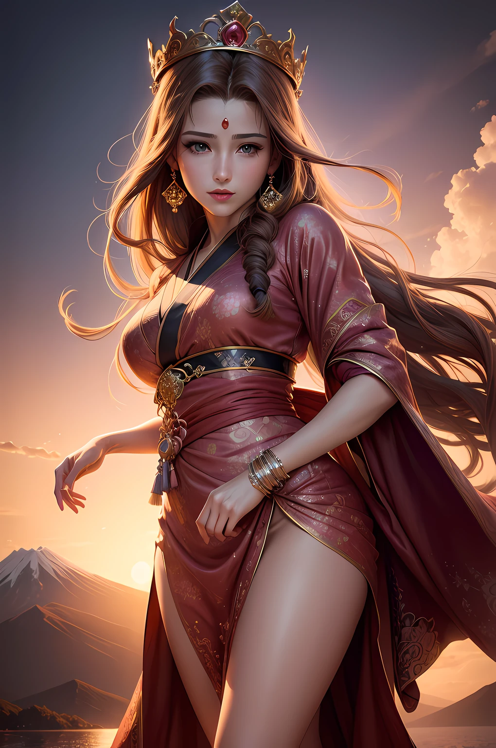 (highres, ultra-detailed, realistic:1.37), aerith, final fantasy, beautiful body, beautiful detailed eyes, detail-oriented nose, luscious red lips, long flowing hair, radiant smile, elegant crown, royal attire, intricate jewelry, graceful pose, enchanting expression, mount fuji in the background, vibrant colors, soft lighting, regal atmosphere, atmospheric perspective, stunning landscape, floating clouds, magical aura, timeless beauty, intricate patterns, ethereal ambiance, striking contrast, dreamlike quality, cinematic composition, short dress, kimono style