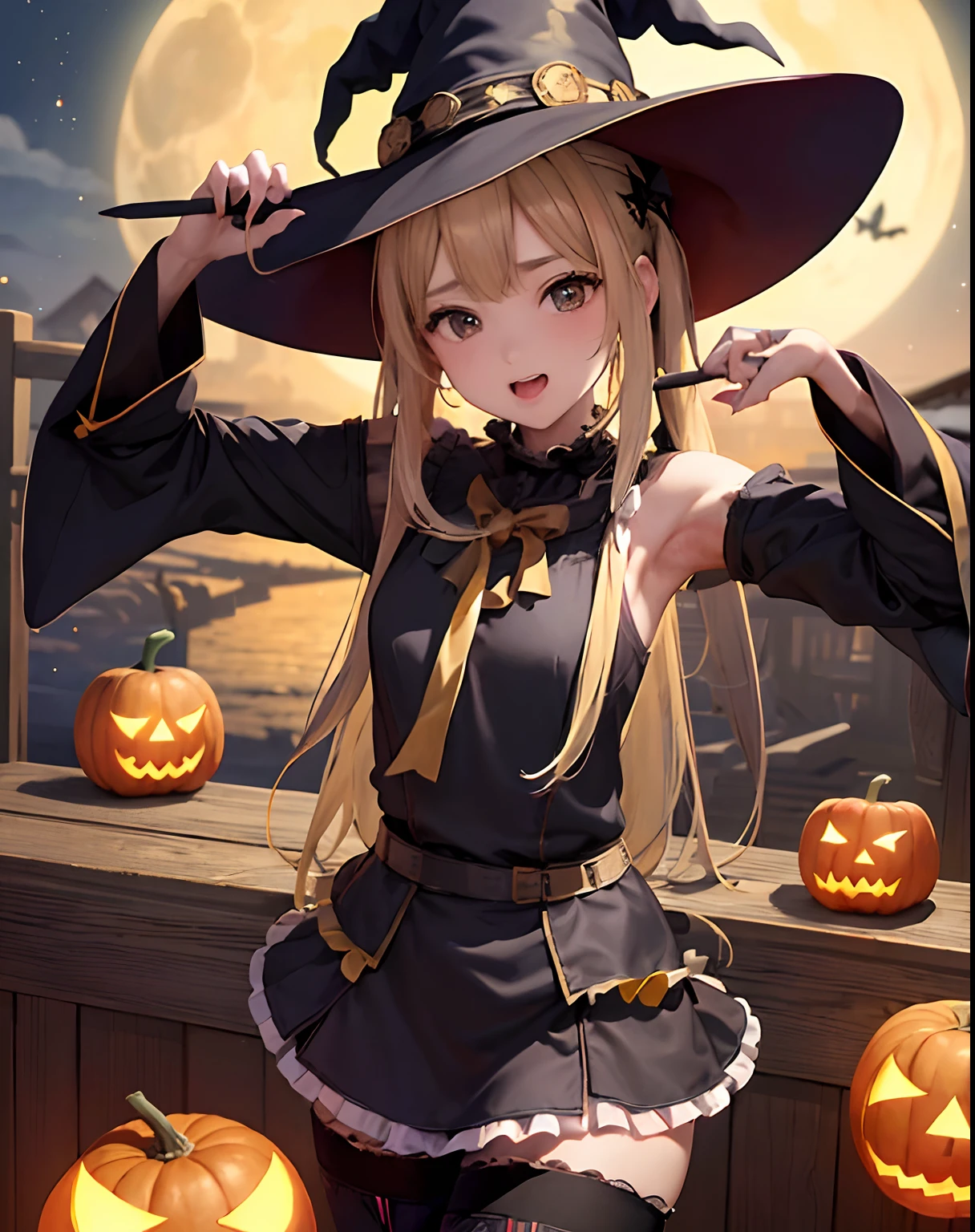 masterpiece、hiquality、1girl in、独奏、Marie Rose、cowboy shot、embarassed expression、(((witch clothing)))、((long robe))、((pantyhose))、(long boots)、natta、Pumpkin Lantern、((a miniskirt))、fullmoon、((Black and yellow skirt))