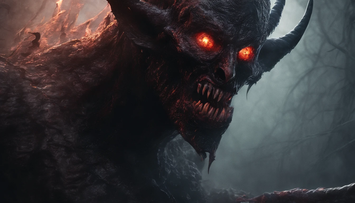 macabre creature, with flaming eyes, and scary mouth, ((reddish black background))