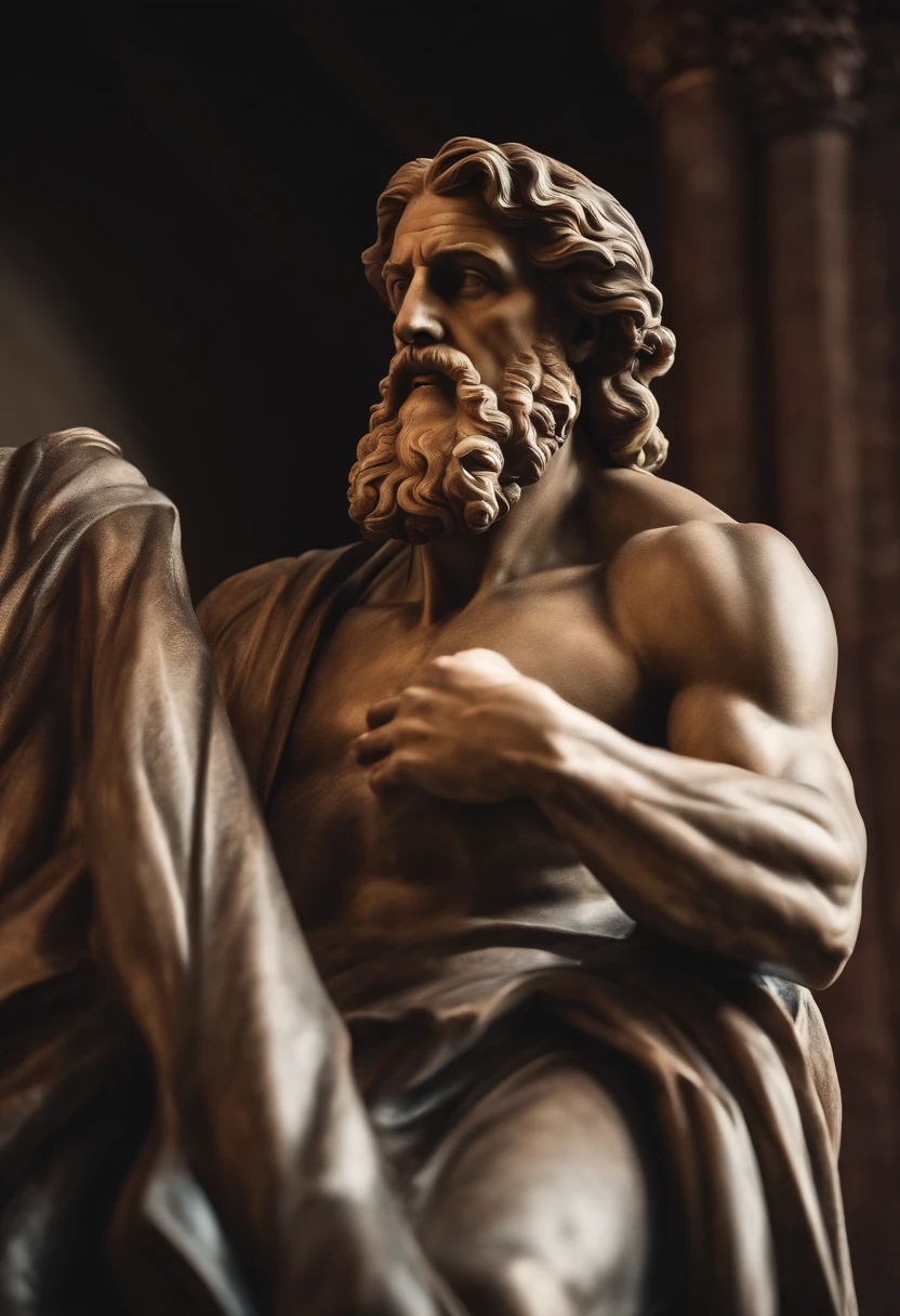 a closeup of a statue of a man, estilo Michelangelo, contato visual, com barba curta, a dark marble sculpture with muscles, classical realism, macho