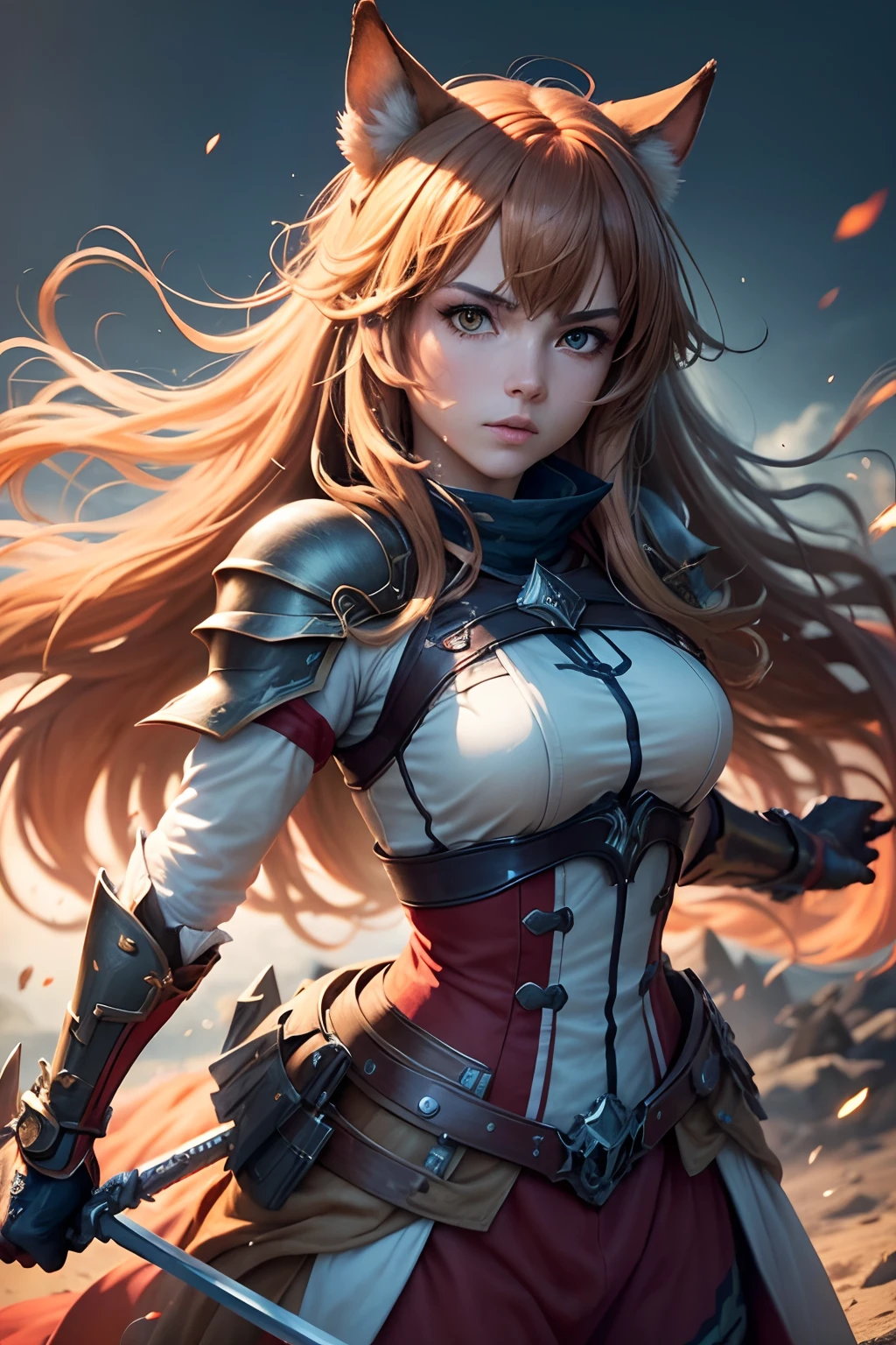 (best quality,ultra-detalhado),(Realistic) Raphtalia, (anime),(retrato),(vermelho e branco),(clear lighting),(armaduras e armas detalhadas), (fierce expression),(Intensa cena de batalha, action-packed),(fantasia),(Olhos determinados),(flowing hair),(dynamic pose),(foco nítido),(vivid colors),(magic effects),(heroic),(epics),(emocional),(cativante),(master part:1.2)