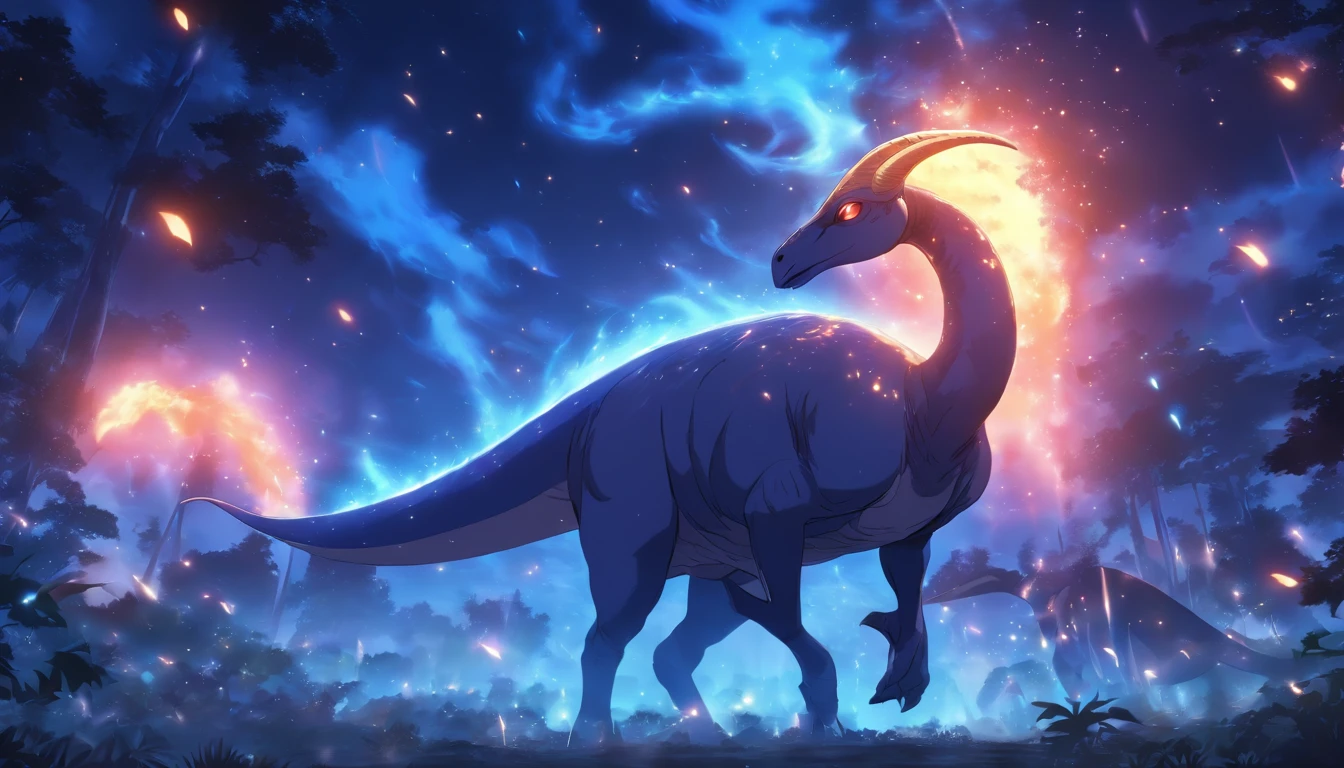 Parasaurolophus, softly glowing, orbs of blue flame circling, ebony dark night, Produce Flame, masterpiece, best quality