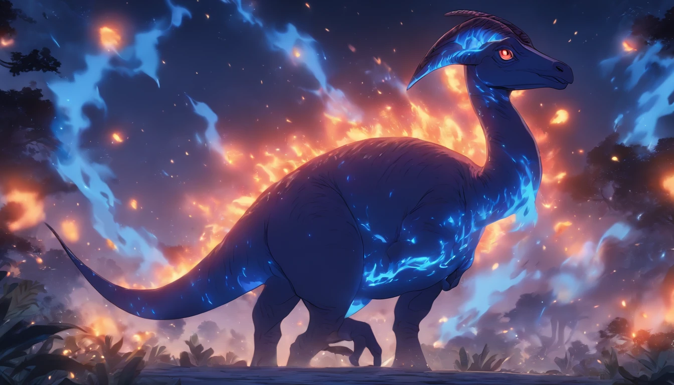 Parasaurolophus, softly glowing, orbs of blue flame circling, ebony dark night, Produce Flame, masterpiece, best quality