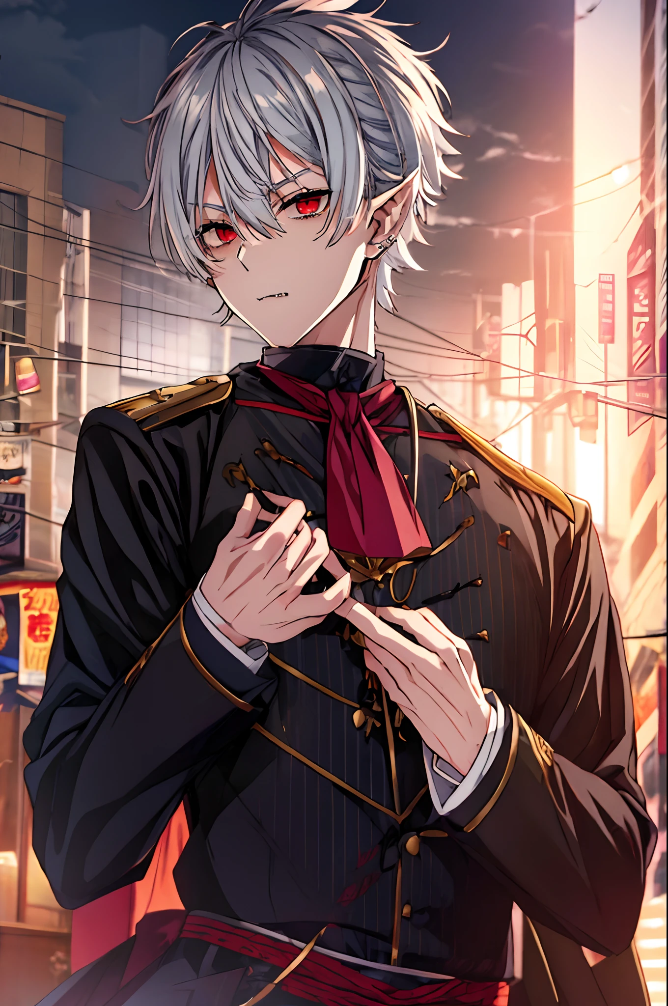 Mr. Kuzuha smoking and twilight、Nijisanji、Vampire Photos、​masterpiece、4K works、Short-haired man with gray hair、Vampire Man、((Solo Photography))、((Only 1 person))、Wearing a black jersey、Fangs grow、Pointed ears、Beautiful anime works、animesque、Wild look、Shot in a fashionable city、((Shot from diagonally in front))、((Happy dating))