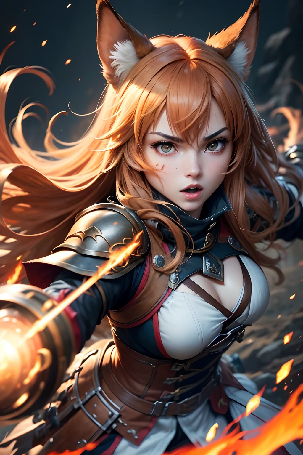 (best quality,ultra-detalhado),(Realistic) Raphtalia, (anime),(retrato),(vermelho e branco),(clear lighting),(armaduras e armas detalhadas), (fierce expression),(Intensa cena de batalha, action-packed),(fantasia),(Olhos determinados),(flowing hair),(dynamic pose),(foco nítido),(vivid colors),(magic effects),(heroic),(epics),(emocional),(cativante),(master part:1.2)