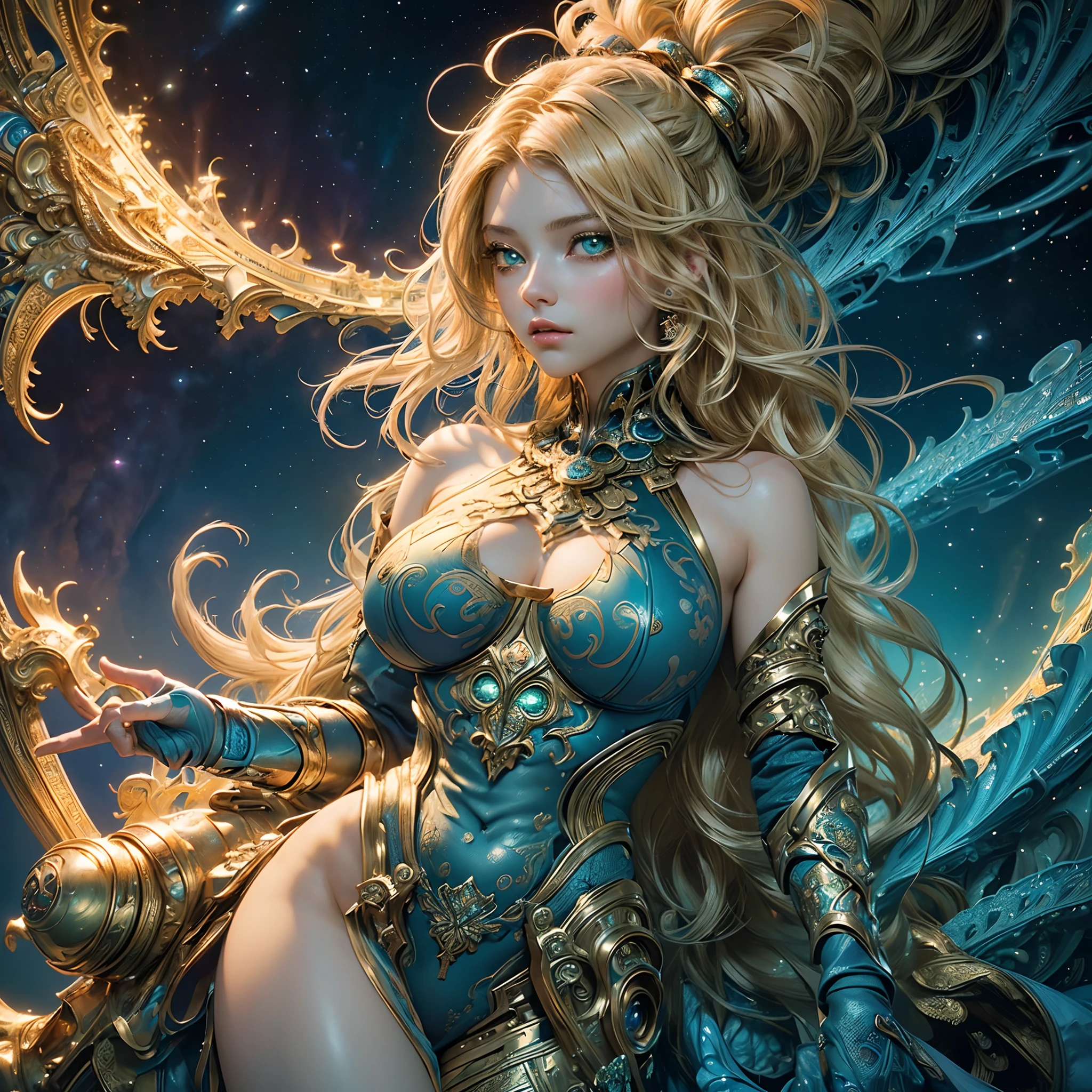 ((masterpiece, 8k, ultra, full shot body, quality, official art, beautiful and aesthetic:1.2, blue theme), (1girl), (entire figure), (big breasts), golden armor, intricated detailed, NSFW, (fractal art:1.3), cosmic elements, colorful, highest detailed, (green eyes, long wavy hair, blonde hair)