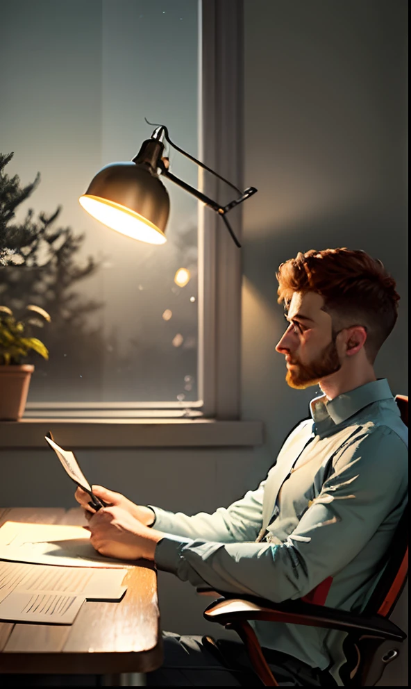Man on his back, sitting in a chair and studying at a table, room half dark, with a lamp illuminated the books