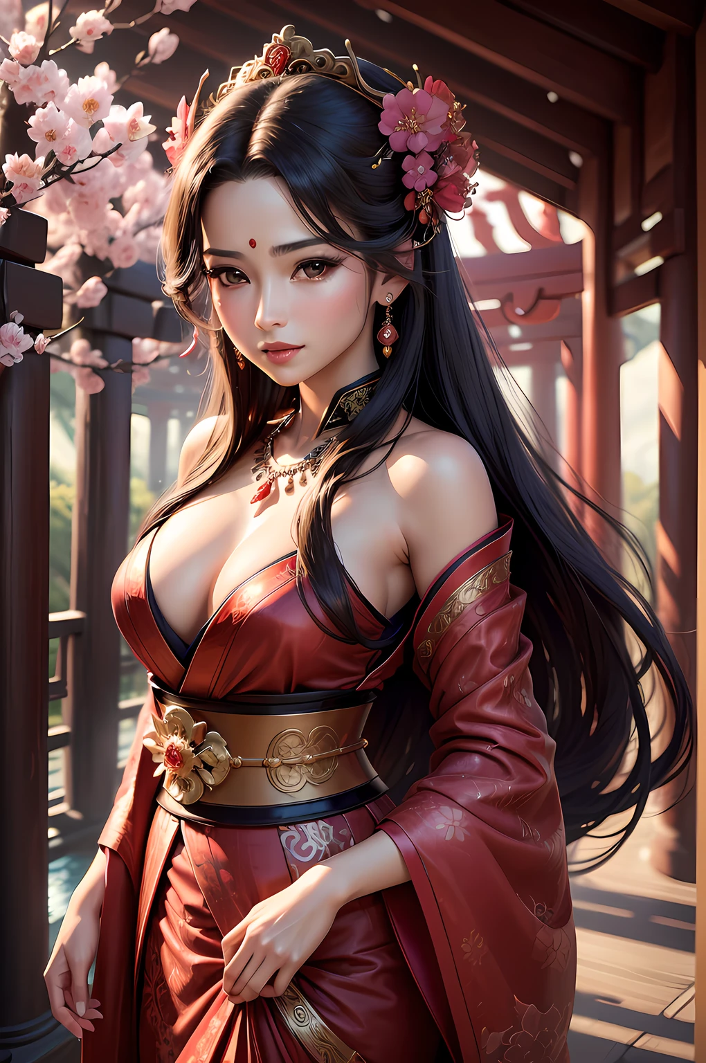 (highres, ultra-detailed, realistic:1.37), aerith, final fantasy, beautiful body, beautiful detailed eyes, detail-oriented nose, luscious red lips, long flowing black hair, radiant smile, royal attire, intricate jewelry, graceful pose, enchanting expression, shinto shrine in the background, vibrant colors, soft lighting, regal atmosphere, atmospheric perspective, stunning landscape, floating clouds, magical aura, timeless beauty, intricate patterns, ethereal ambiance, striking contrast, dreamlike quality, cinematic composition, short kimono, cherry blossom