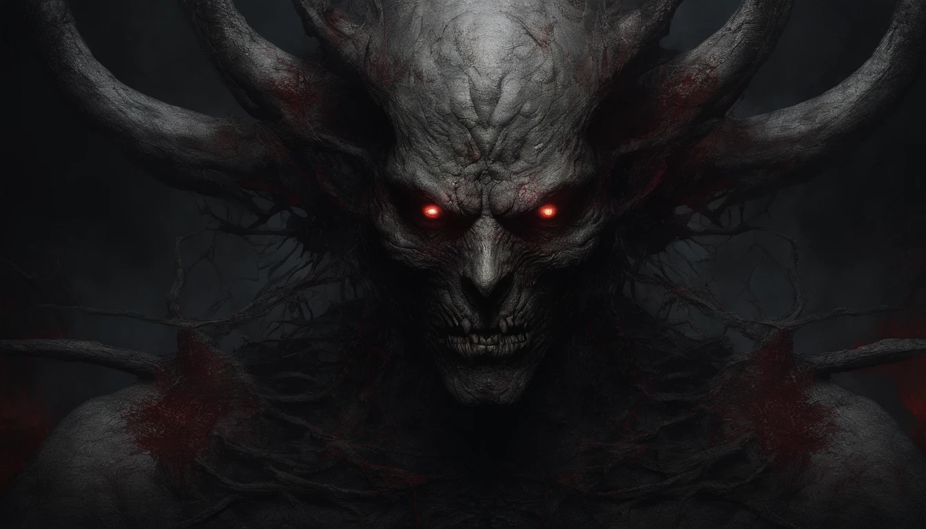 Frontal face of a demon, ultra detailed, glowing eyes, red eyes, blood, best quality, masterpiece, manzanedo art, trending on Artstation.