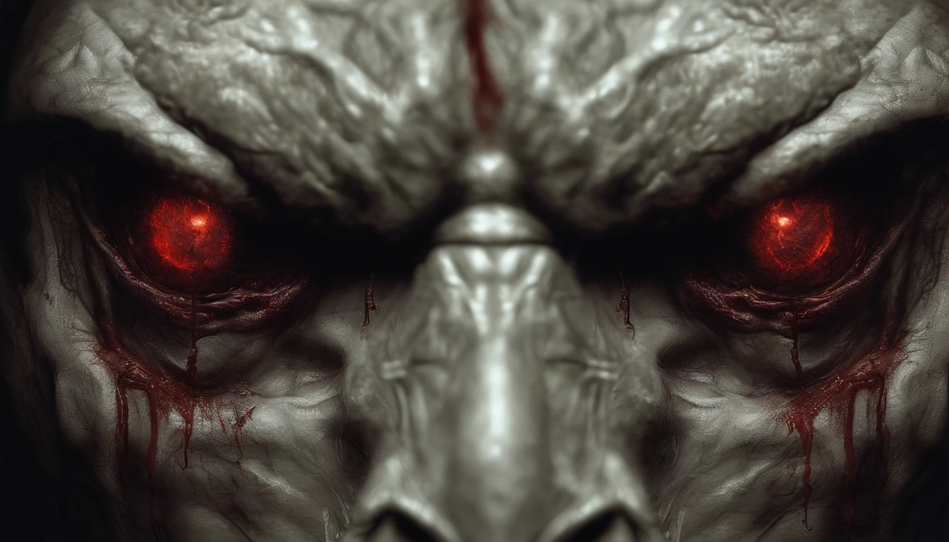 Frontal face of a demon, ultra detailed, glowing eyes, red eyes, blood, best quality, masterpiece, manzanedo art, trending on Artstation.