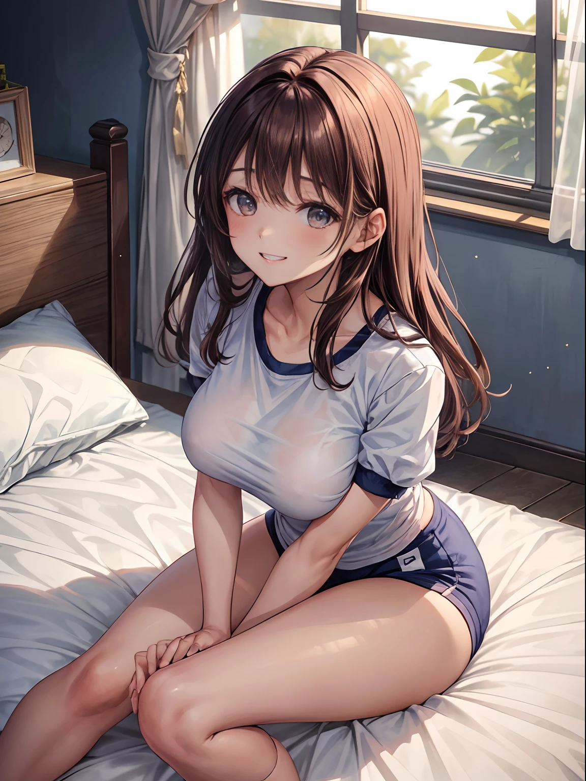 top-quality、Full limbs、complete fingers、One beautiful woman、Beautiful Large Breasts、straight haired、Longhaire、Brown hair、、White short-sleeved gym clothes with navy blue cuffs、Dark blue bloomers、Raw feet、Dark blue socks、A big smile、School Infirmary、Lying on the bed in the infirmary