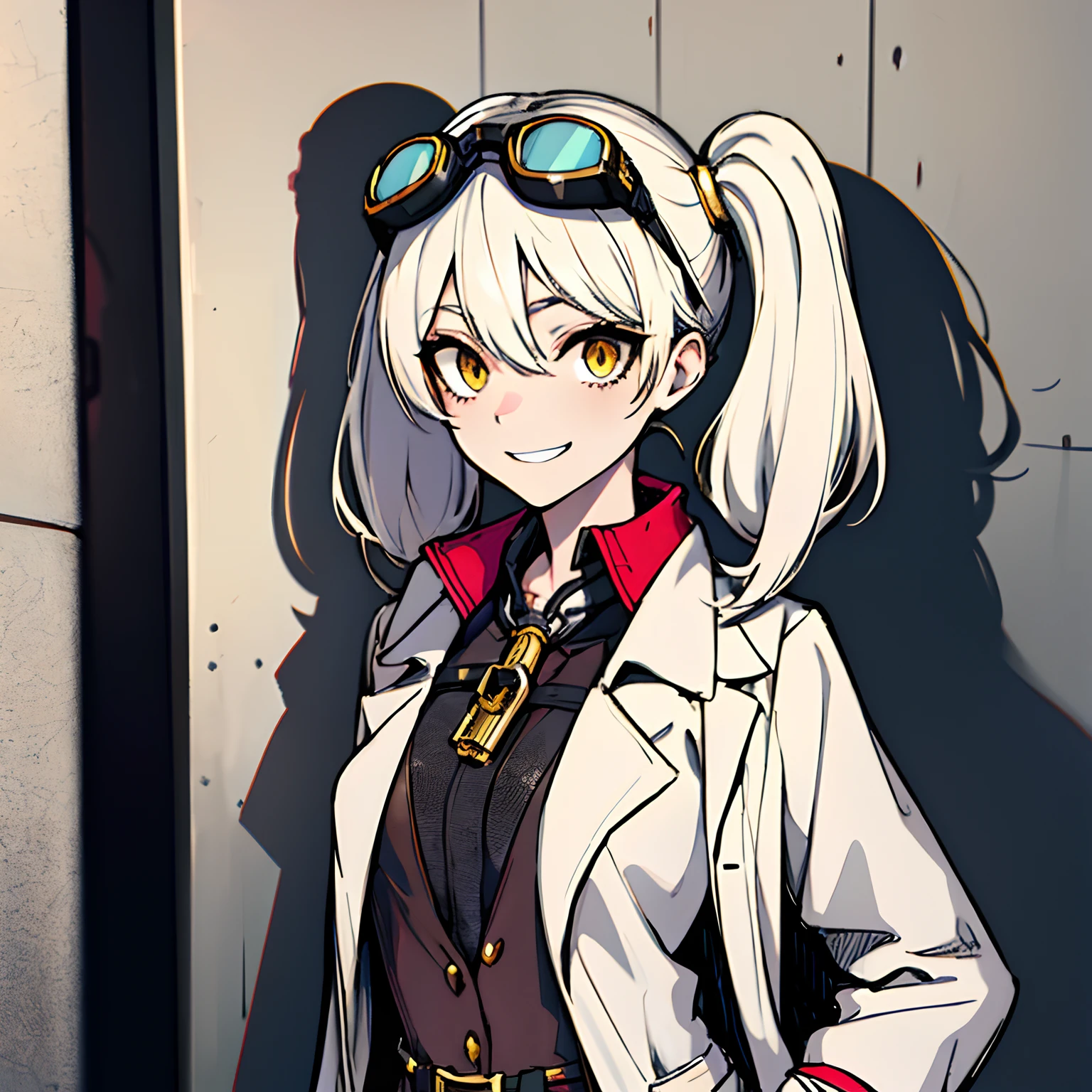 (absurdres, 8k, 4k, masterpiece, hyper extreme detailed:1.2), solo, 1girl, front view, perfect face, 1girl, portrait, expressive eyes, solo, standing, Female, girl with goggles and a chain around her neck, cyber goggles, victorian goggles, round goggles, goggles, cyberpunk monocle!, goggle eyes, steampunk googles, steampunk goggles, wearing victorian brass goggles, weak, female, small breasts, pale, cream colored hair, long hair, gold eyes, swept bangs, slim, slender, intelligent, genius, mad scientist, twin tails, Inventor, confident, perfect anatomy, futuristic, fingerless gloves, chest harness, pervert, egotistical, half body, lab coat, belts, crazy face, crazy eyes, crazy smile, white room background, 1girl, futuristic, standing, looking at tablet, leaning against wall, labcoat, t-shirt, white hair, mature, adult, attractive, holding tablet in hand, skirt