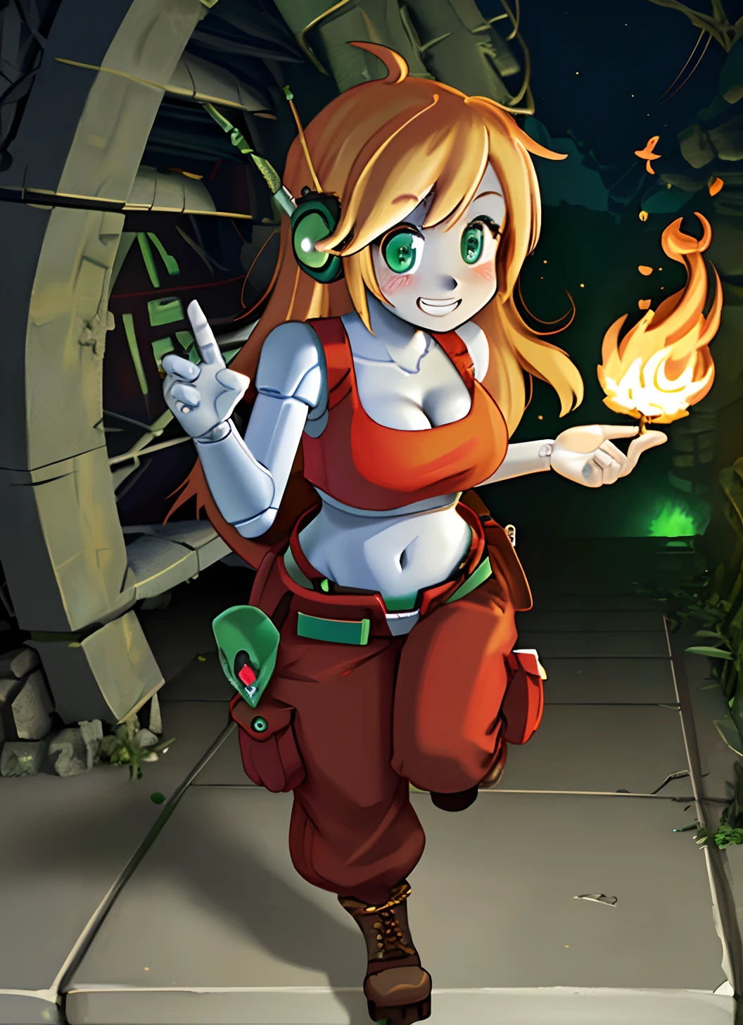 [curly brace], [uploaded to e621.net: (wamudraws), (napalm_express)], ((masterpiece)), ((front view)), ((full body)), ((bird's-eye view)), ((solo portrait)), ((cute)), ((HD)), ((High quality)), ((anime)), ((detailed shading)), ((beautiful render art)), ((intricate details)), {android; (white robotic skin), (blushy cheeks), cute green eyes, long blonde hair, short eyelashes, (excited smile), (white teeth), (gorgeous hips)}, {(red tank top), (midriff), (cleavage), (red baggy cargo pants), (brown combat boots), (green antenna on ears)}, {(dynamic pose), (looking at viewer)}, [Background; (cave), (luminescent mushrooms), (ambient lighting)]