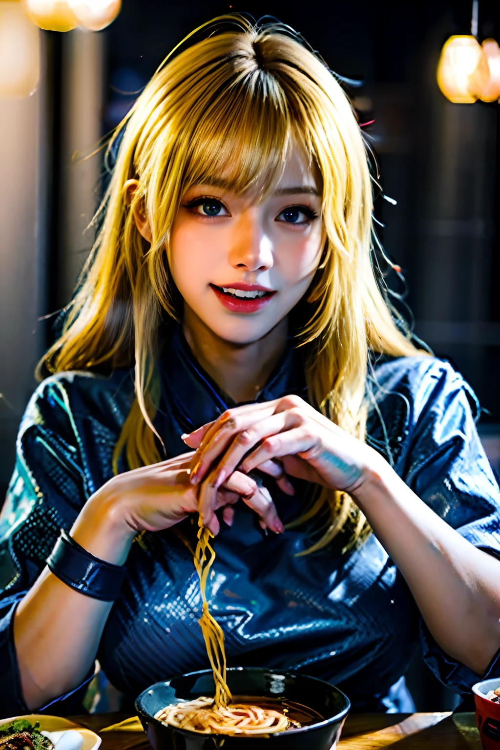(masterpiece), best quality, ultra high res, close up, slim body, 1girl,school uniform, blue eyes, long blonde hair, laughing, ramen, night, Tokyo restaurant background, colorful lights, photon mapping, radiosity, physically-based rendering, cinematic lighting, intricate, High Detail, Sharp focus, dramatic, photorealistic