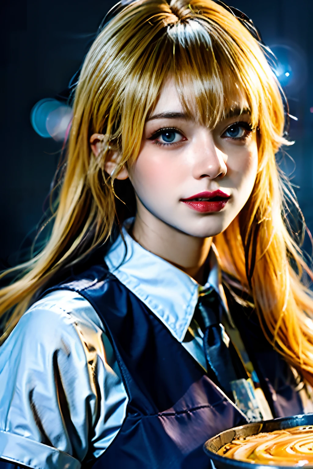 (masterpiece), best quality, ultra high res, close up, slim body, 1girl,school uniform, blue eyes, long blonde hair, laughing, ramen, night, Tokyo restaurant background, colorful lights, photon mapping, radiosity, physically-based rendering, cinematic lighting, intricate, High Detail, Sharp focus, dramatic, photorealistic