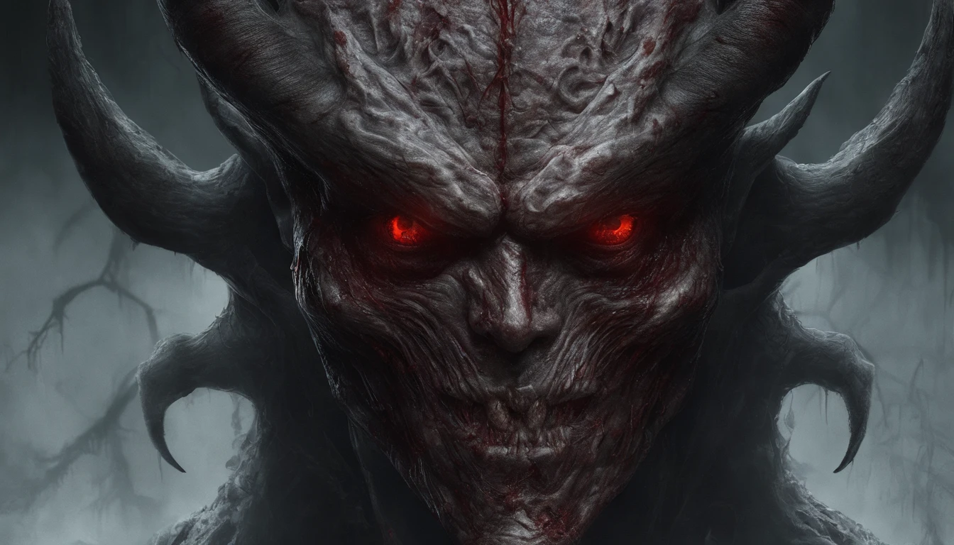 Frontal face of a demon, ultra detailed, glowing eyes, red eyes, blood, best quality, masterpiece, manzanedo art, trending on Artstation.